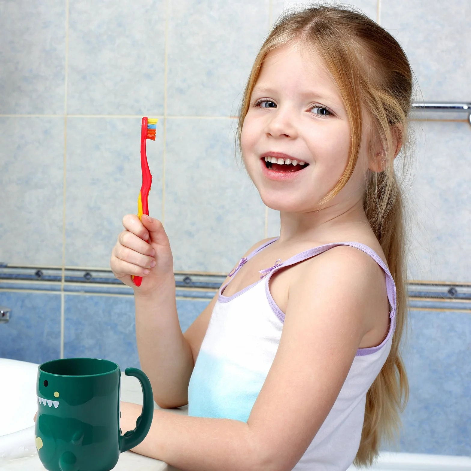 Kubek do mycia zębów 2 sztuki dinozaur plastikowy z uchwytem