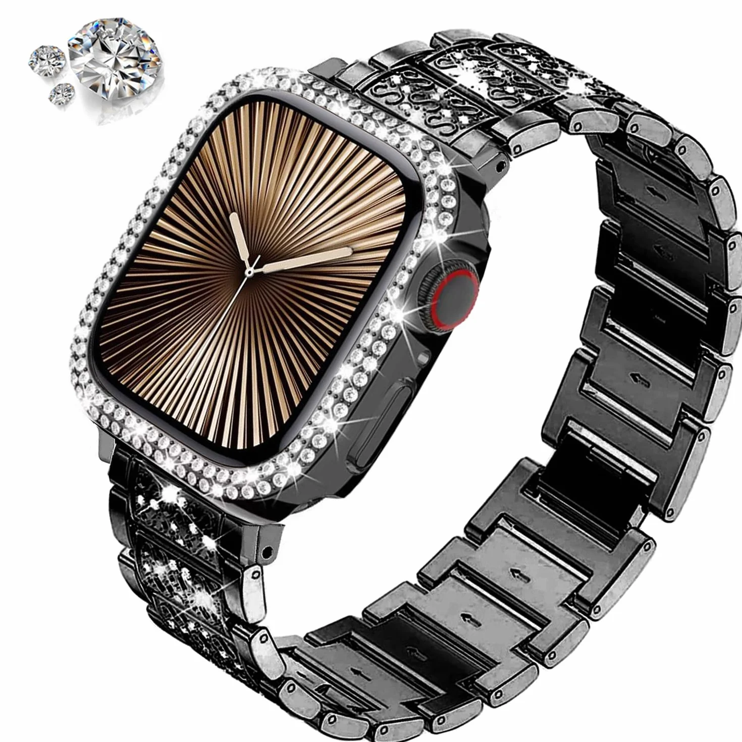 DEALELE Paski i etui kompatybilne z Apple Watch 49 mm, 46 mm, 42 mm, 45 mm, 41 mm, 44 mm, 40 mm, 38 mm, błyszczący diamentowy metalowy pasek z etui ochronnym do iWatch serii 10, 9, 8, 7, 6, 5, 4, 3