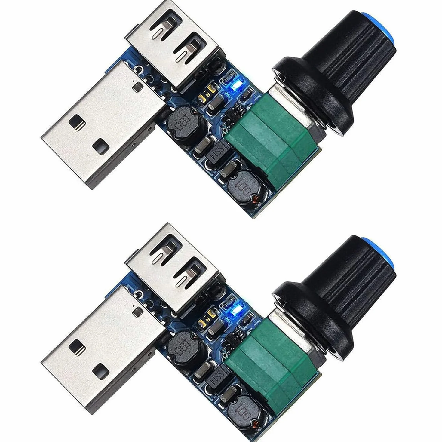 RUNCCI-YUN 2 szt. 5 W USB Regulator prędkości wentylatora, DC 5V bezstopniowy USB Regulator wentylatora DC 5-12 V do 2,5-7,5 V Pokrętło regulacji prędkości regulatora z przełącznikiem
