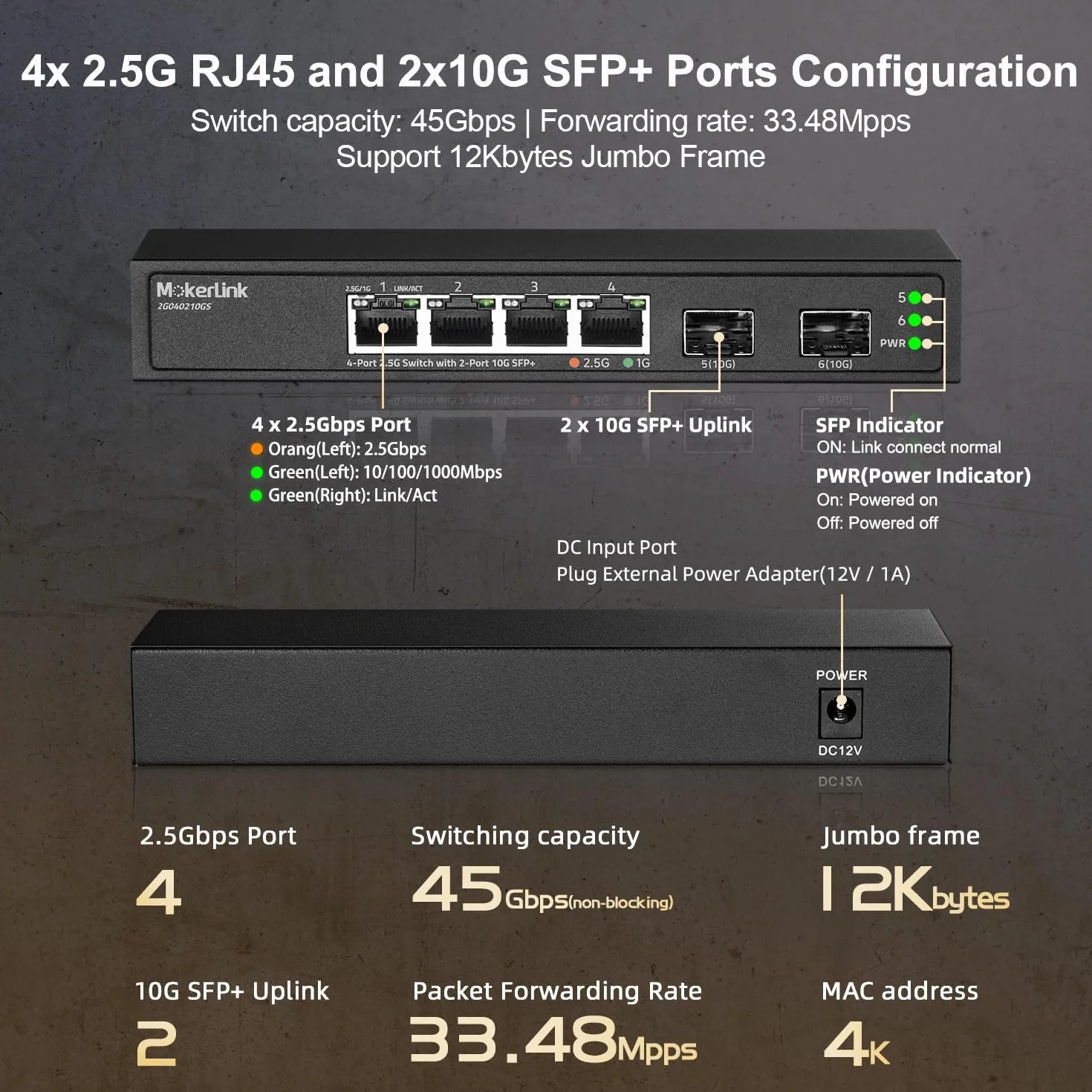 MokerLink 4-portowy przełącznik Ethernet 2,5G z gniazdem 10G SFP+, 4 porty 2,5G Base-T kompatybilne z 10/100/1000 Mbps, metal niezarządzany, mały przełącznik sieciowy, bez wentylatora