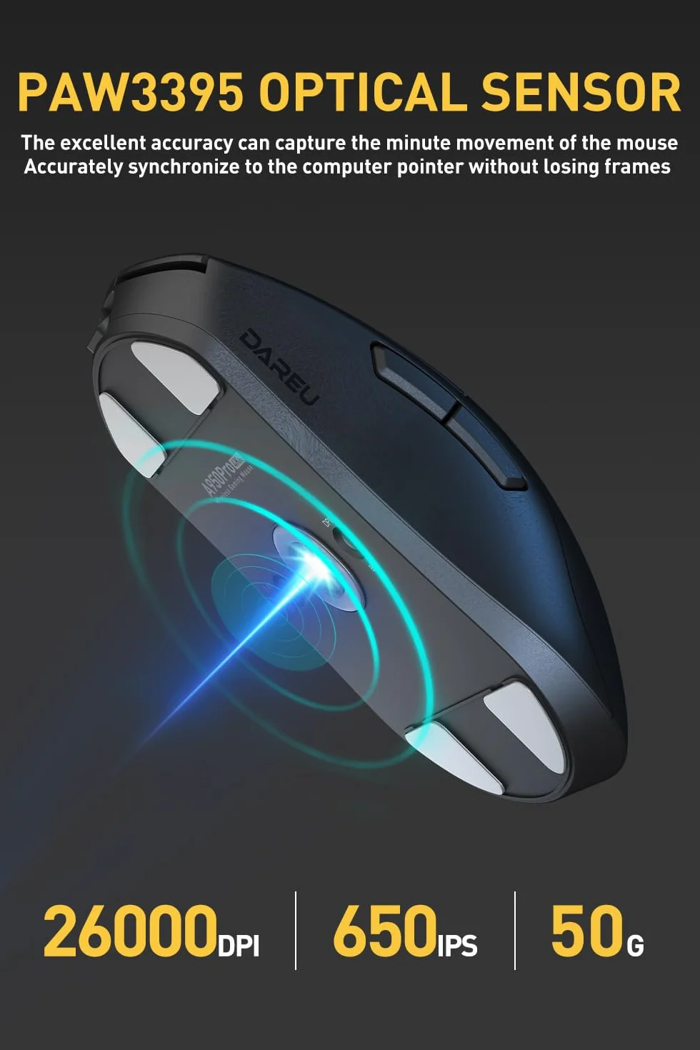 DAREU A950pro mysz do gier częstotliwość odświeżania 4 kHz, ultralekka waga 55 g, czujnik optyczny PAW3395, rozdzielczość 26K DPI, 5 programowalnych przycisków, obsługa szybkiego ładowania w 15 minut