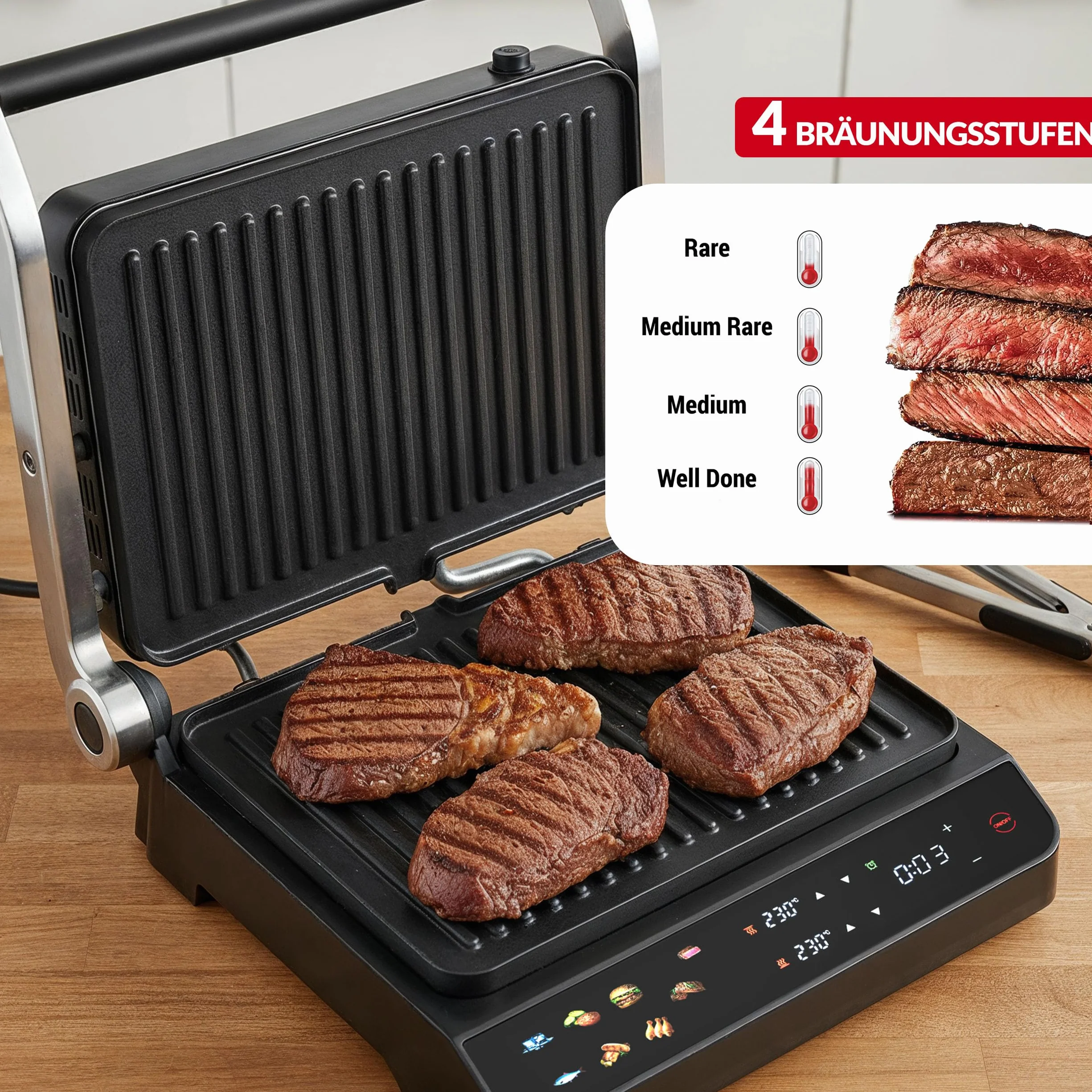 LEHMANN Grill kontaktowy, 2000 W, grill stołowy rozkładany 180°, zdejmowane płyty nieprzywierające, wyświetlacz: 10 programów, regulacja temperatury 90-230°C, timer 1-240 min, grill elektryczny do
