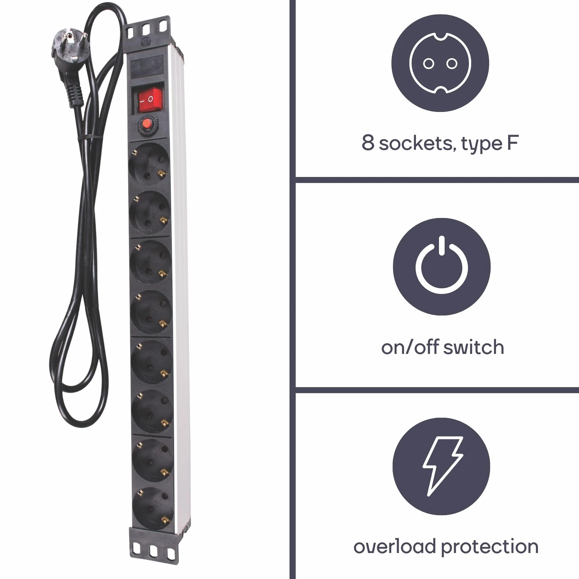 Perel Listwa zasilająca PDU z 8 gniazdami Schuko typu F z wyłącznikiem i zabezpieczeniem przeciwprzepięciowym, kabel H05VV-F 3G1.5 2,15 m, 3680 W dystrybutor zasilania do szafy 19" i biura