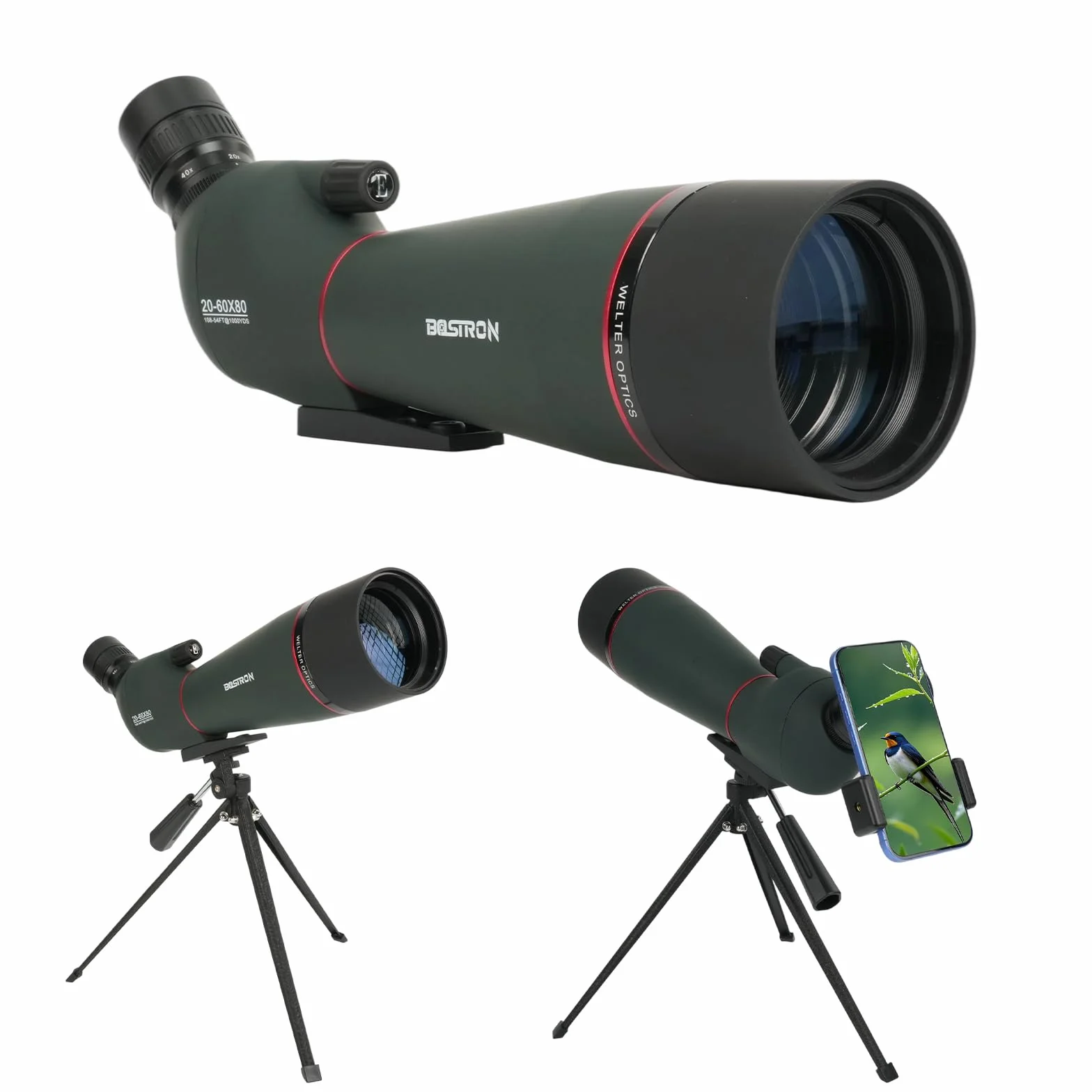 Luneta Obserwacyjna 20-60x80, Monokular z Pryzmatem Porro, FMC, Statyw, Adapter do Smartfona, 45° Okular, do Obserwacji Ptaków i Polowań