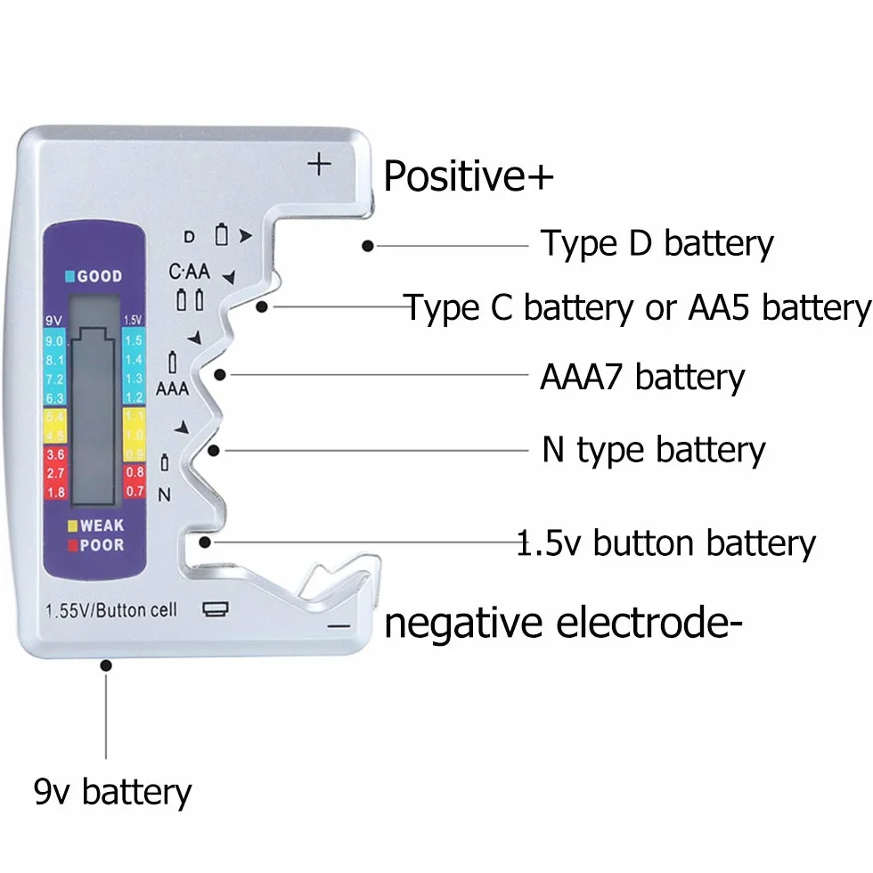 DollaTek Cyfrowy tester baterii, 1,5 V, 9 V, AA, AAA, LR44, tester pojemno?ci, do baterii litowych, narz?dzie pomiaerowe, srebrny