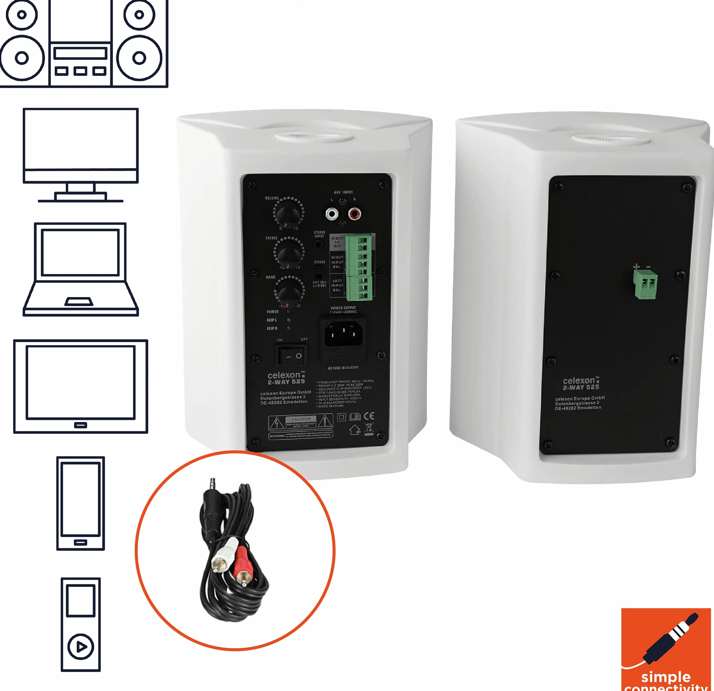 celexon Aktywny zestaw głośników biały - 2 x 30 W - wydajne głośniki audio - w zestawie uchwyt ścienny - głośniki do komputera, biura, sali konferencyjnej lub szkoły