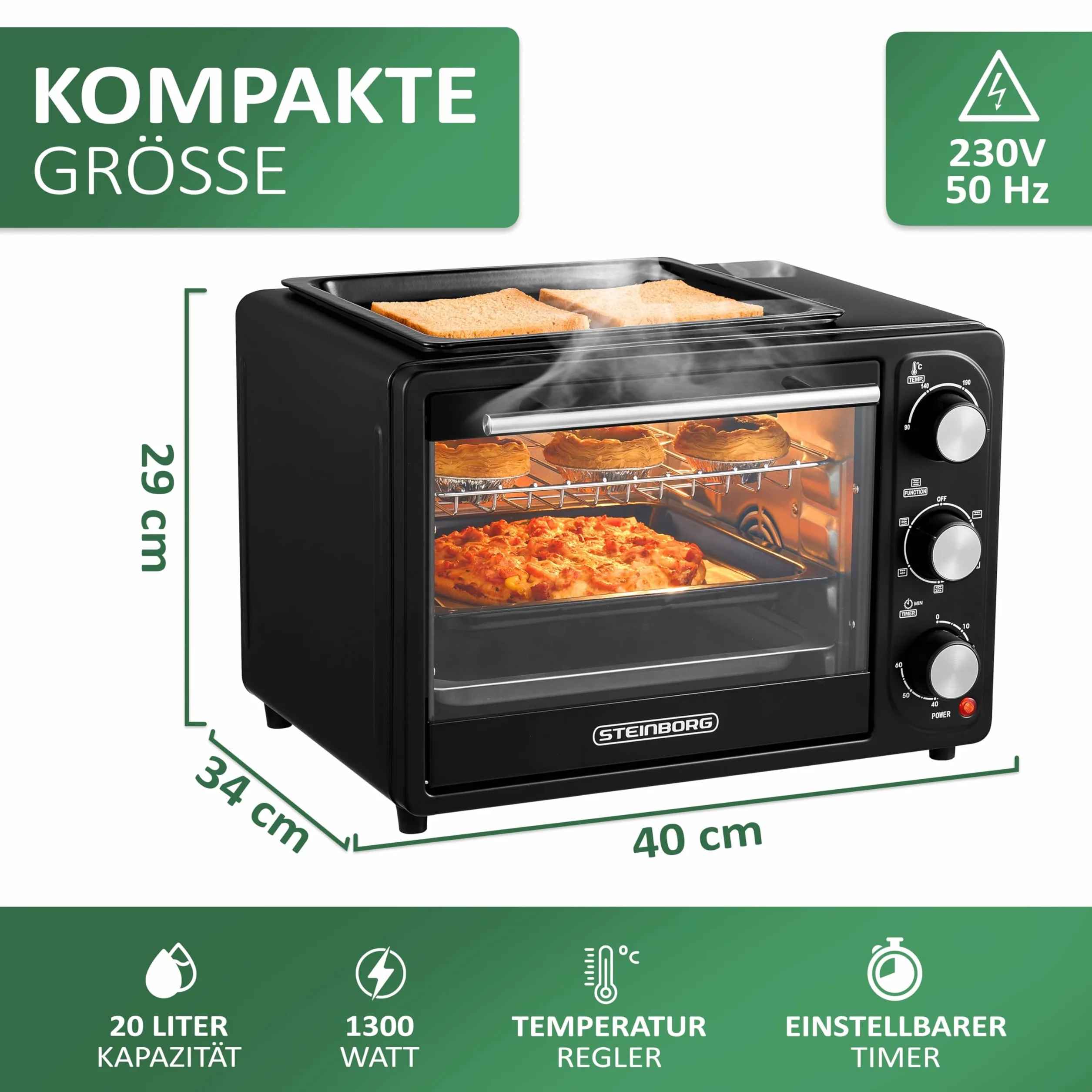 Mini piekarnik 3 w 1, 20 l, z konwekcją, z płytą utrzymującą ciepło, 2 blachy do pieczenia + ruszt do grillowania, mini piekarnik do pizzy, możliwość przełączania obiegu, zdejmowana płyta grillowa, 60