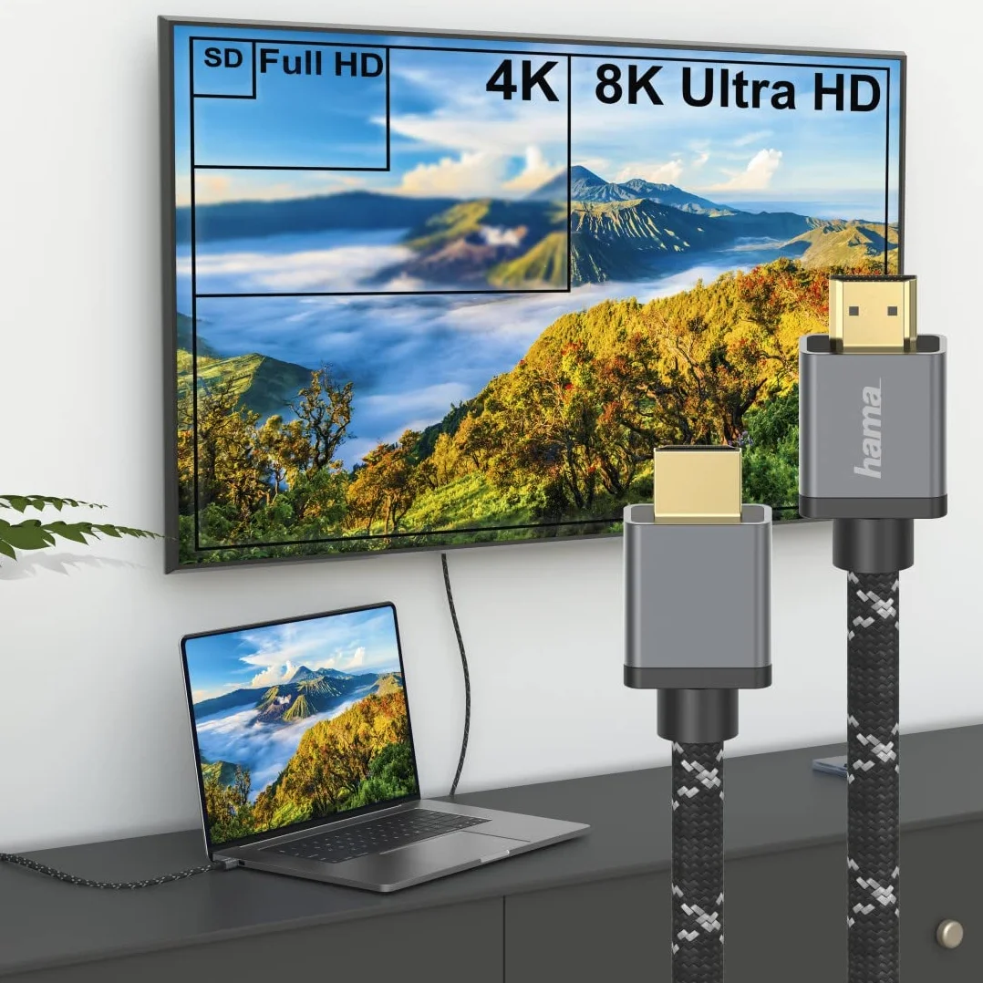 Hama Kabel HDMI 2.1 Premium High Speed (8K, 48 Gbit/s, pozłacany, podwójnie ekranizowany, ochrona kabla, 2m) czarny/szary