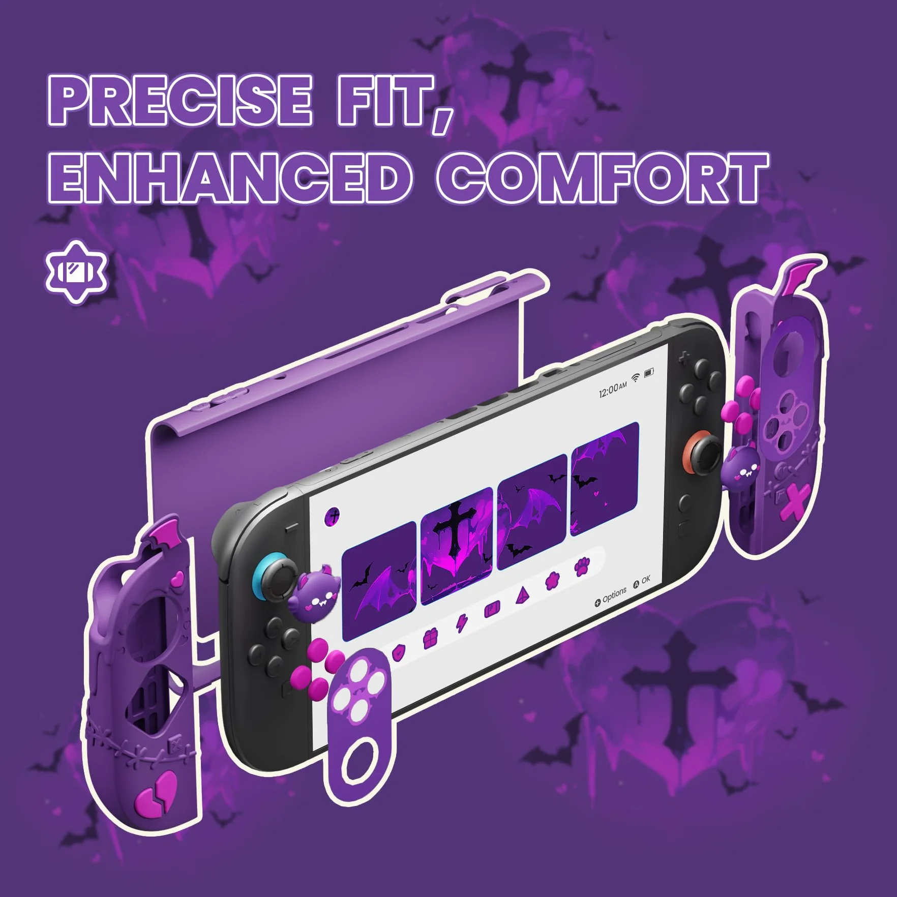 PlayVital Etui Ochronne do Switch 2 z Silikonowe Grip Joycon,Twarda Tylna Obudowa PC kompatybilna z Dockiem,Nakładki na Joysticki i Naklejki,Akcesoria do Switch 2-Fioletowy,Seria Gothic Imp