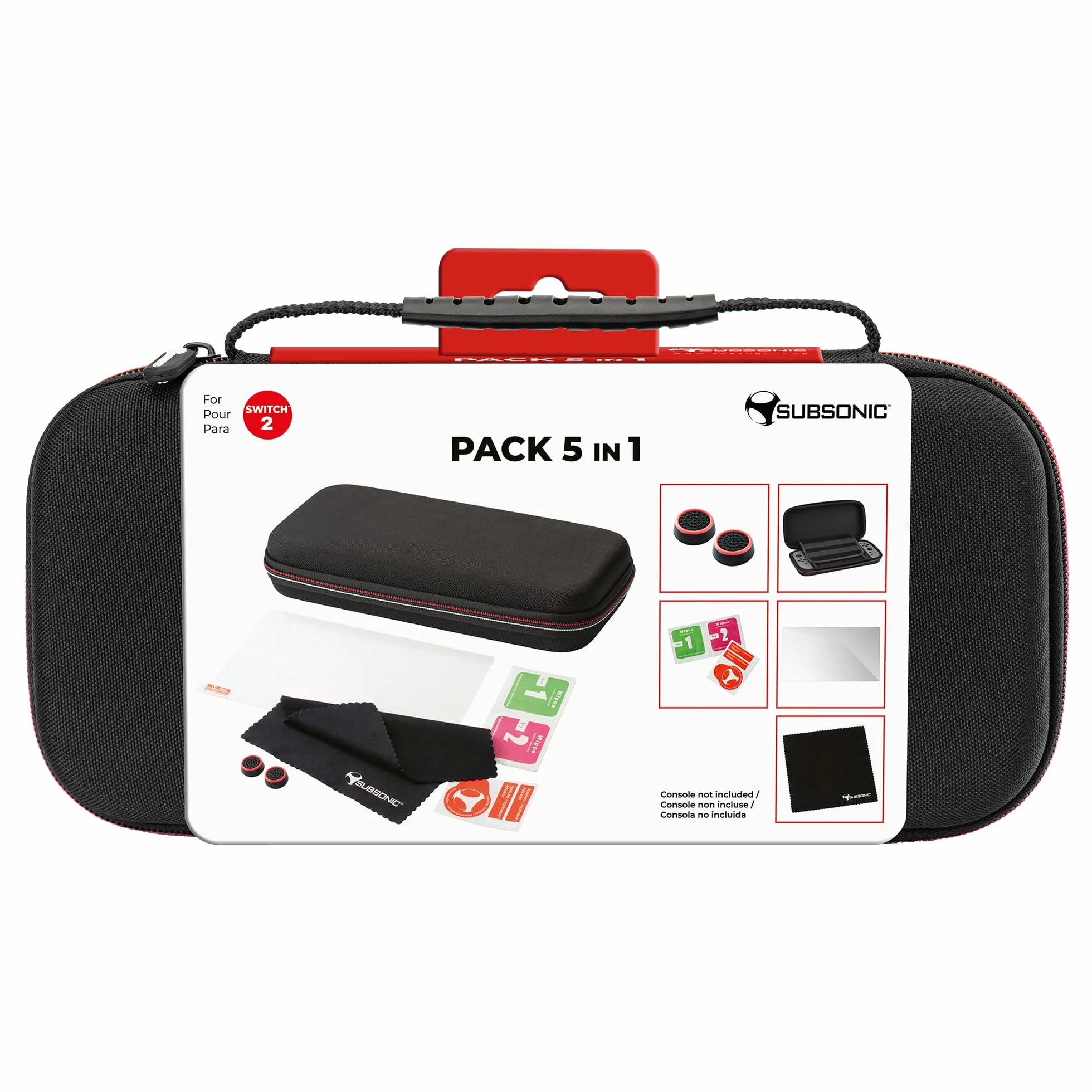 Subsonic - Subsonic Zestaw akcesoriów Nintendo Switch 2 5 w 1 z torbą, osłona ekranu ze szkła hartowanego do przełącznika 2, uchwyty do joysticków, zestaw do czyszczenia, ściereczka z mikrofibry
