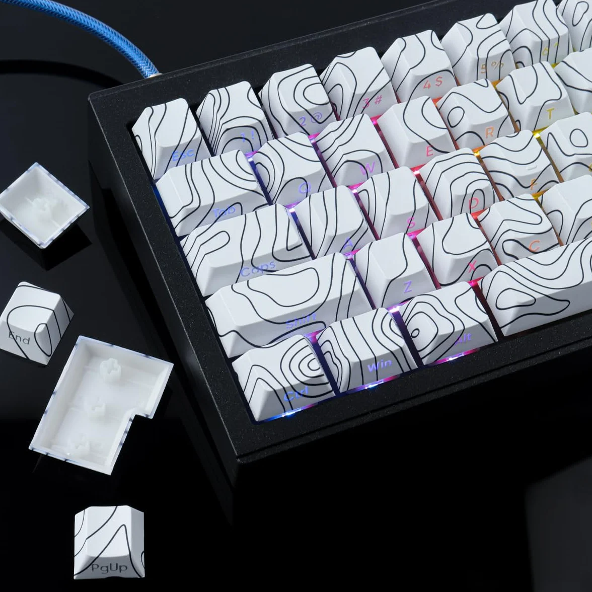 Sunzit Custom Keycaps zestaw 135 klawiszy PBT, Cherry Profile Dye-Sub White Topographic Keycaps do Cherry MX Switches ISO/ANSI UK, mechaniczna klawiatura gamingowa