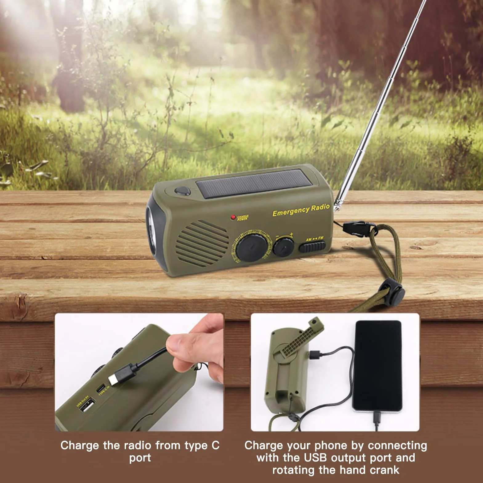 Lixada Radio awaryjne, przenośne, przenośne, korba ładująca solarne, radia USB z latarką, SOS Slarme, AM/FM, ładowarka do telefonu komórkowego