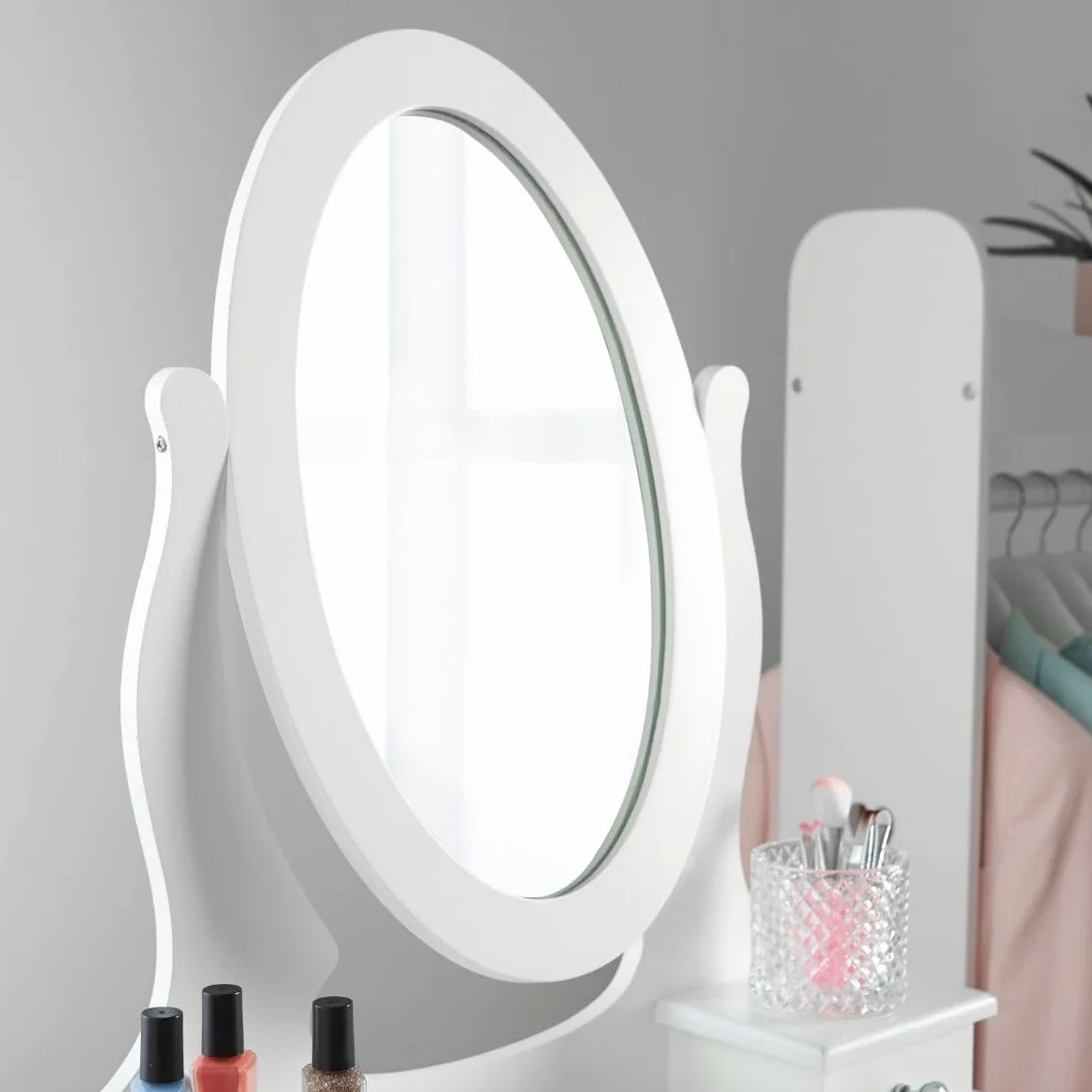 Toaletka dla Dziewczynki z Krzesełkiem i Lustrem Toaletka dla Dzieci z Białego Drewna, Toaletka dla Dziecka z Przeźroczystymi Uchwytami o Eleganckim Wykonaniu (8-13)