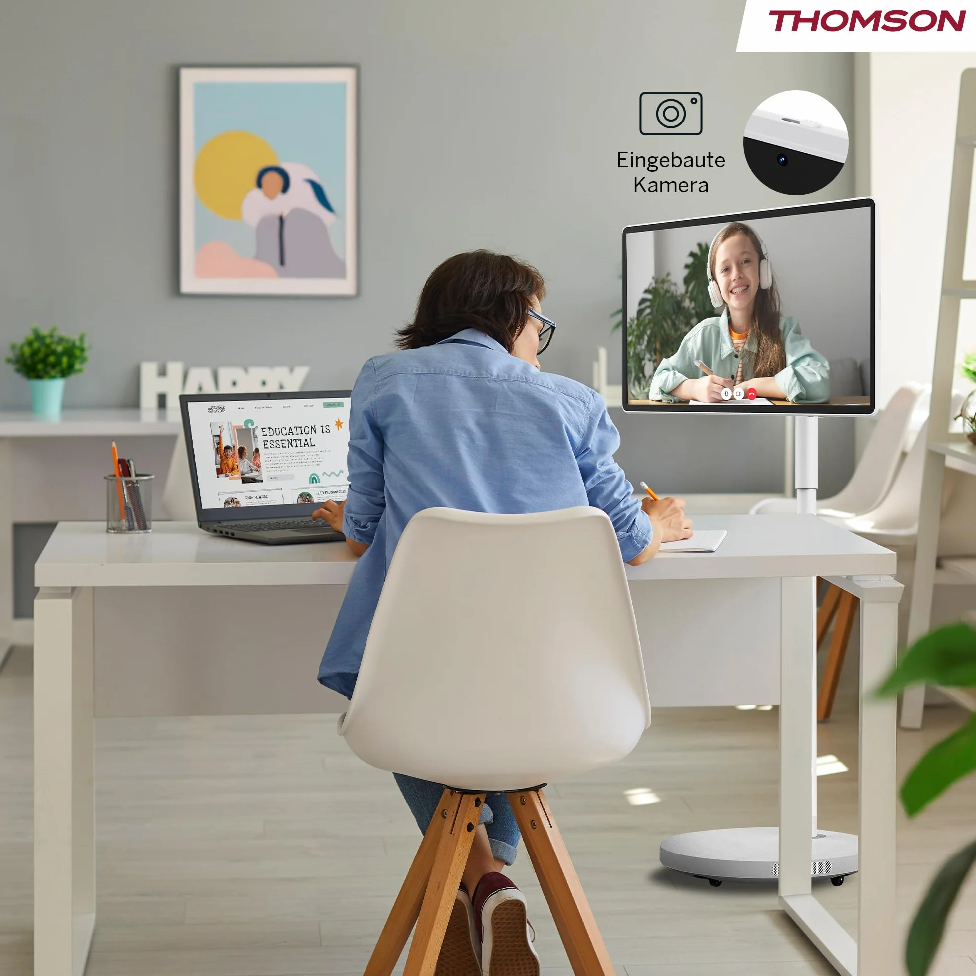 Thomson Go Plus Pro 27-calowy (69 cm) Inteligentny Ekran Dotykowy FHD, Android, Sterowanie Głosowe, Hotspot, Kamera 5MP, Subwoofer, WiFi 6, Bluetooth, 4 Godziny Baterii, Przenośny Stojak - 27FE7M45