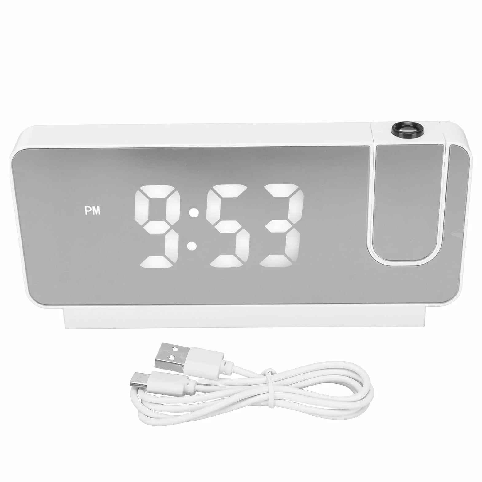 Budzik z projekcją LED do Sypialni, Cyfrowy Zegar z Obracanym o 180° Projektorem, Wyświetlanie Czasu, Daty, Temperatury, Projekcja na ścianie Sufitowej, Port ładowarki USB (Biały)