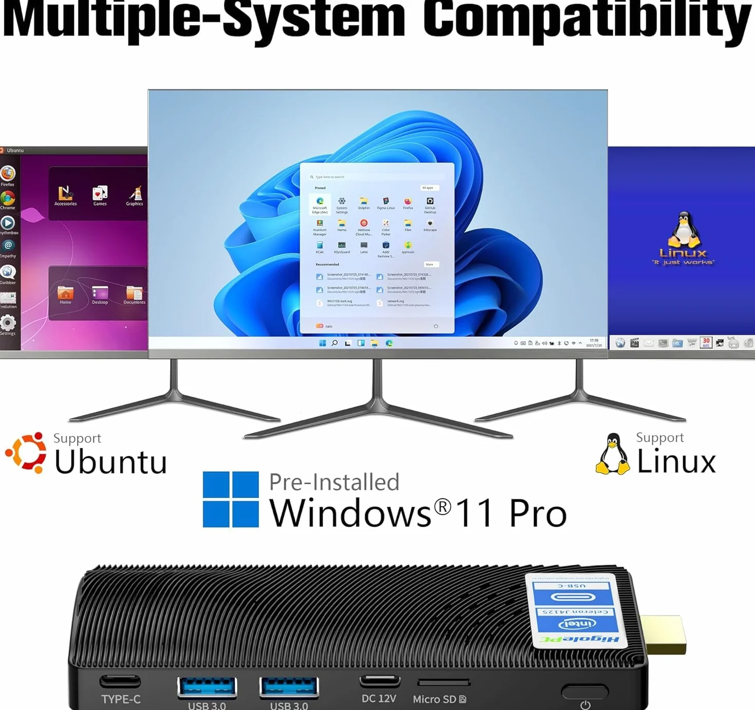 Mini PC Stick Win 11 Pro, mini komputer bez wentylatora, Celeron N4000 4 GB 64 GB eMMC 1.1 GHz, USB-C, USB 3.0 X 2, RJ45 Gigabit Ethernet 4K 60Hz, WiFi BT 5.0, HDMI 2.0 do domu, biura