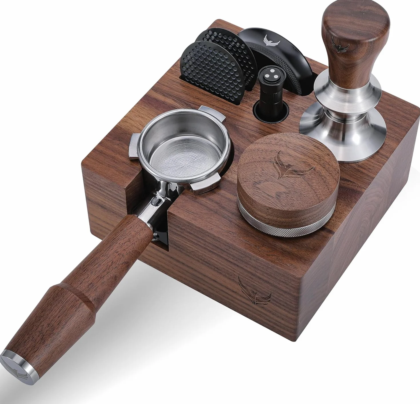 58 mm stacja do ubijania espresso V3 - stojak portafiltrow z orzecha włoskiego, organizer, na portafiltry 58 mm, z uchwytem na tamper i przegródką dystrybutora
