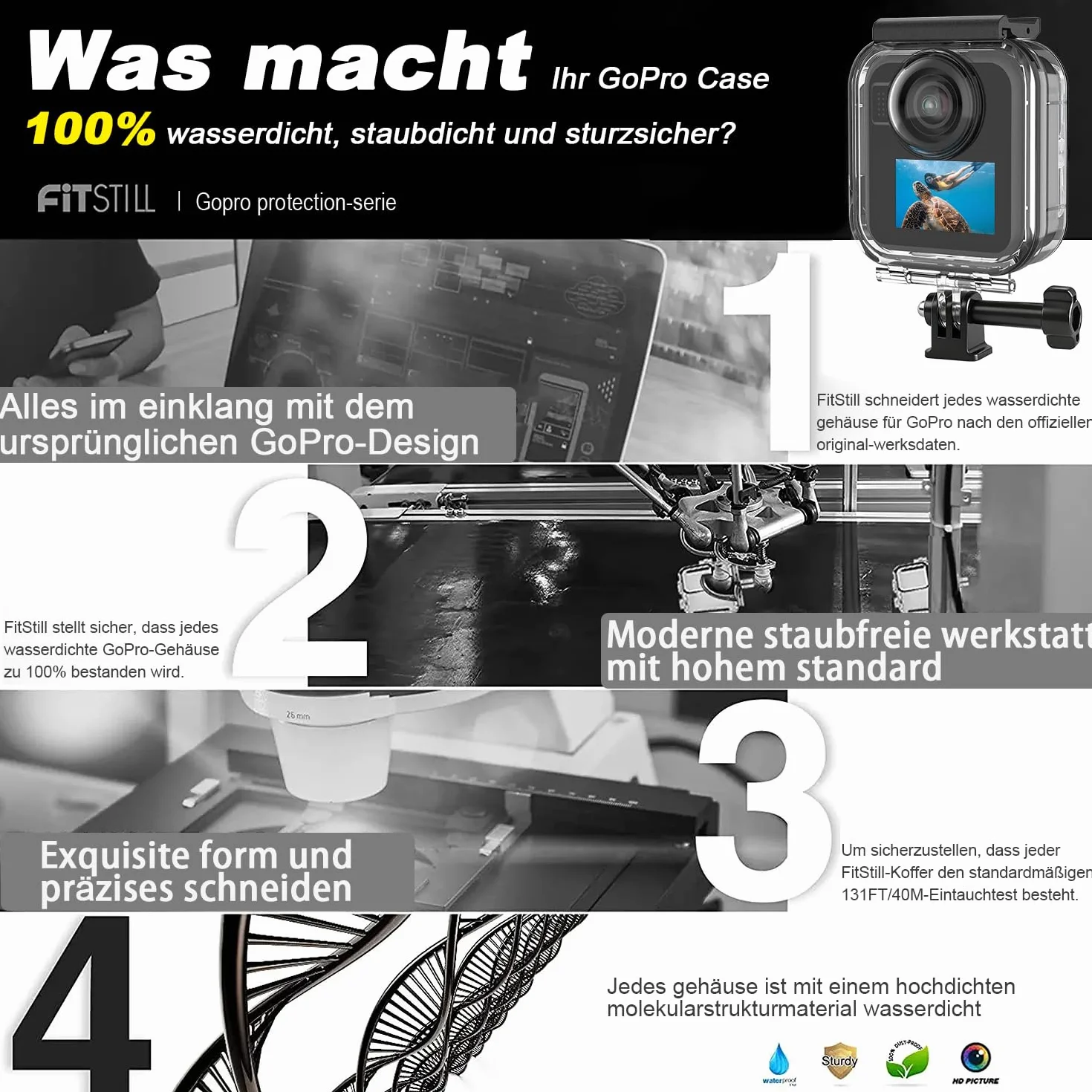 FitStill Wodoszczelny pokrowiec ochronny nadaje się tylko do Go Pro Max 2, optyczny szklany obiektyw, pyłoszczelny i wodoszczelny pokrowiec ochronny, obudowa do nurkowania pod wodą, maks. 2 akcesoria