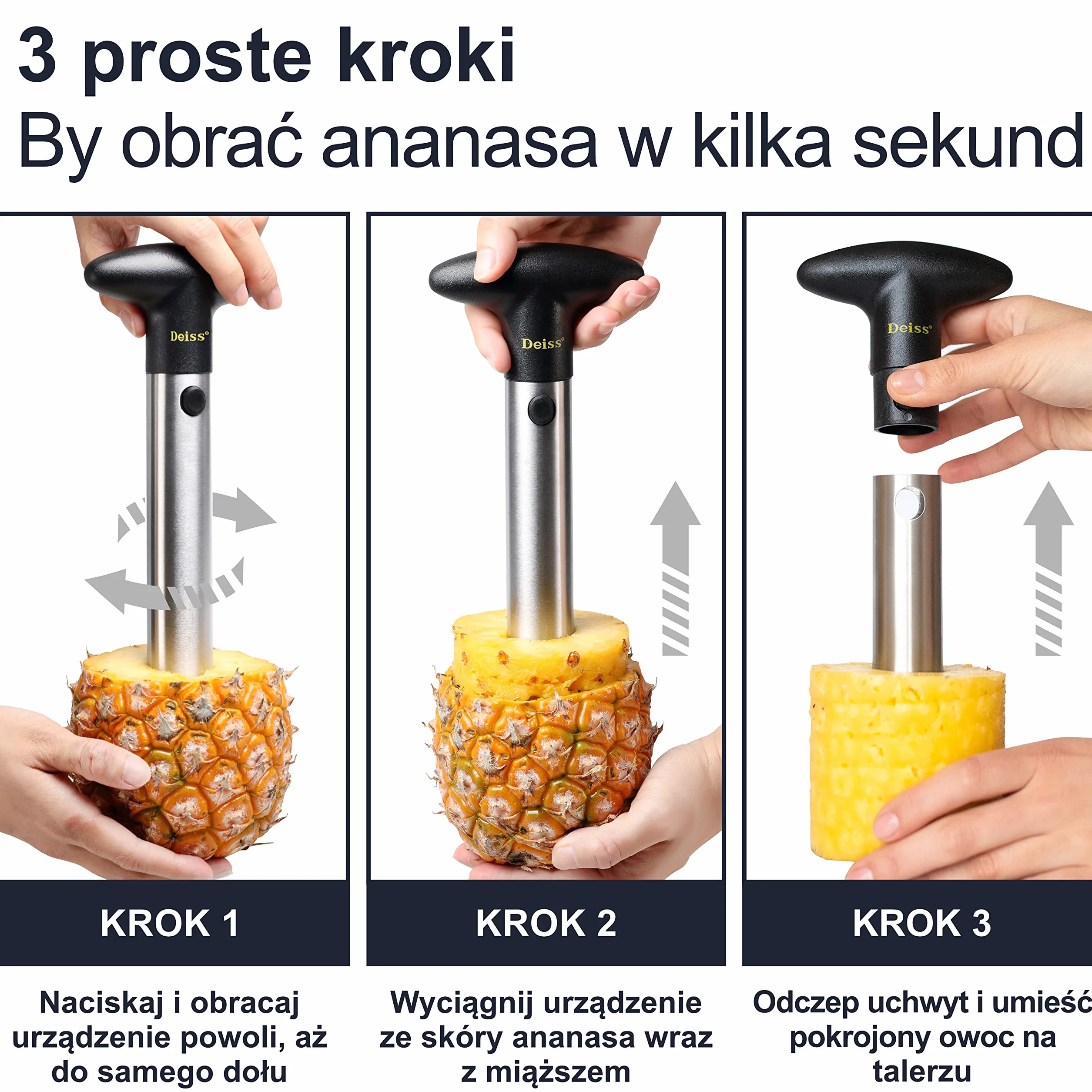 Deiss PRO Nóż do ananasa ze stali nierdzewnej 2 w 1, kroi i drąży ananasy