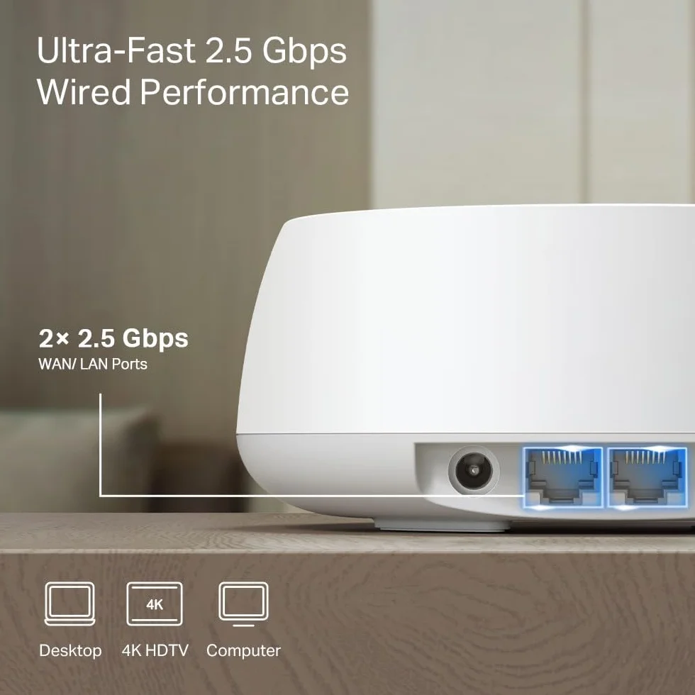 TP-Link WiFi 7 Deco BE25(1-pack) Mesh WiFi, BE3600Mbps Dual-Band, roouter, AP, 2 porty Ethernet 2,5 Gb/s, 4 anteny wewnętrzne, MLO, AI-Roaming, HomeShield, współpracuje z każdym ISP, modemem i Alexą