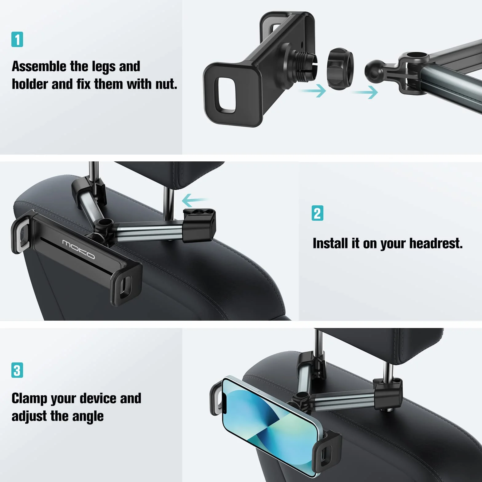 MoKo Tablet Headrest Holder, Adjustable Car Headrest Mount for Car Back Seat, Road Trip Essentials for Kids Adults, Compatible with 4"-12.9" Devices Such as iPad Air/Pro/Mini, Galaxy Tab, iPhone, Grey