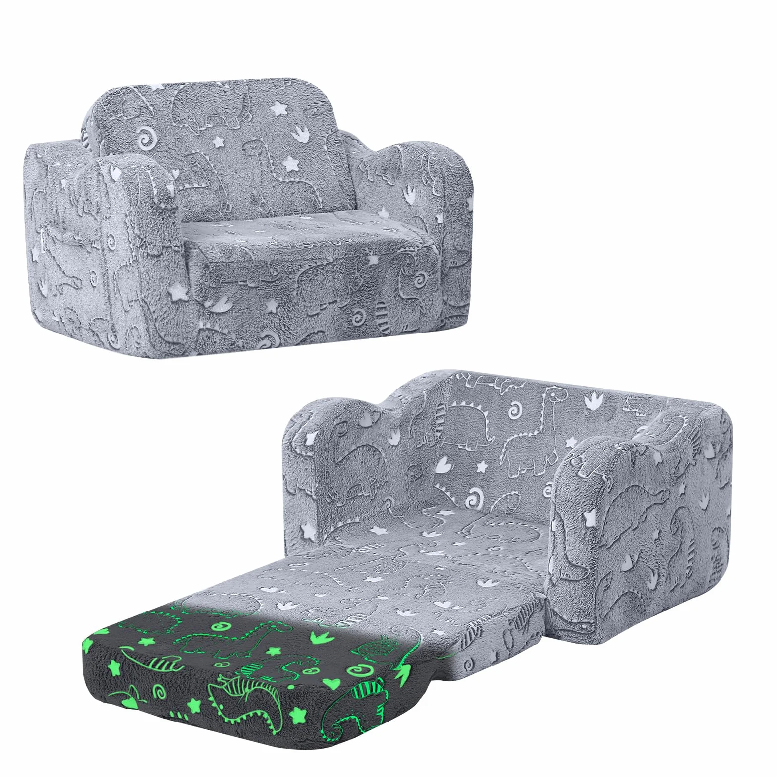 MeMoreCool Kanapa dla dzieci, składany fotel dla malucha, sofa, miękki plusz, rozkładana sofa dla dzieci, łóżko świecące w ciemności, wygodny leżak dla dziewczynek i chłopców, świecący dinozaur