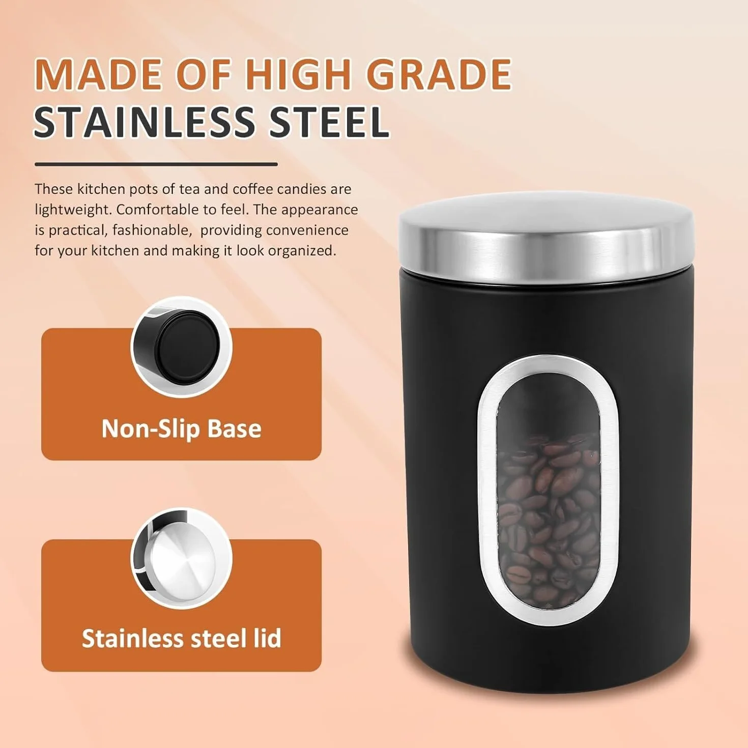 Sugar Shaker,Sugar Container,Sugar Dispenser,Coffee Tea Sugar Container Set,Airtight Coffee Canister Stainless Steel Food Storage Canisters with See Window Practical Canister Set