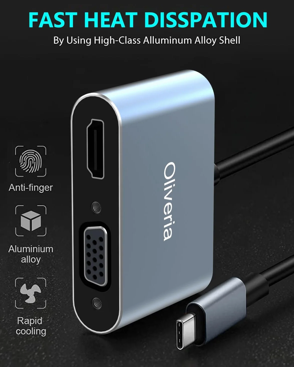 Oliveria 4K 30 Hz 4-w-1 USB C Multiport Adapter - HDMI VGA Thunderbolt 3, PD 100 W złącze ładowania, USB 3.0 do MacBook/MacBook Pro/Air, Chromebook, Dell, HDTV, Galaxy