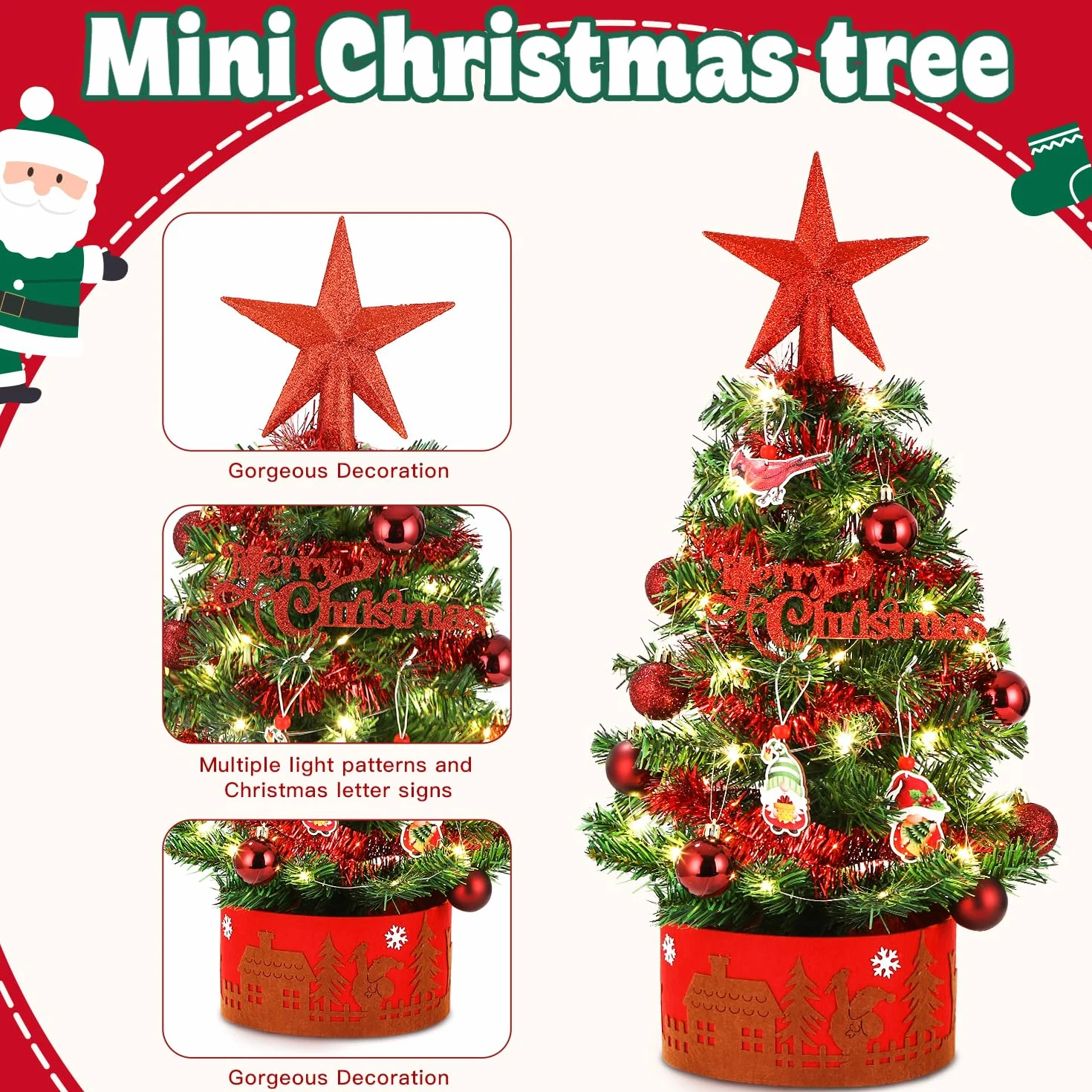 LEAZZLE mini choinka stołowa choinka 60 cm,zdobiona choinka,flokowana choinka,mała choinka,miniaturowa choinka z łańcuchem świetlnym LED,choinka stołowa,45 cm,świąteczna dekoracja stołu (czerwona)