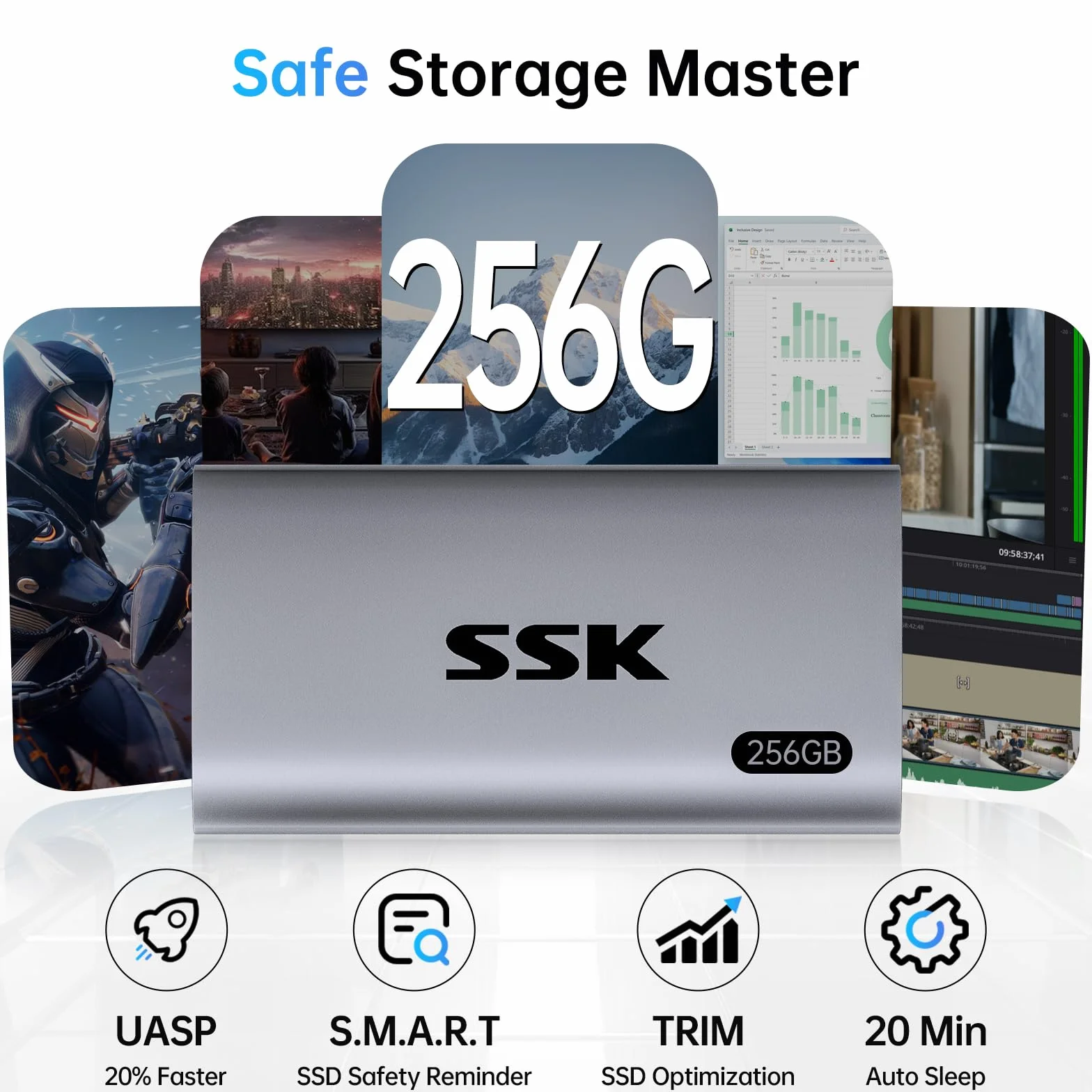 SSK 256GB Przenośny Dysk SSD Zewnętrzny Do 550MB/s, Zewnętrzny Dysk SSD USB 3.2 Gen2 dla iPhone 15/16/Pro, Windows, Mac, Android Z światłem LED, obsługujący TRIM, SMART