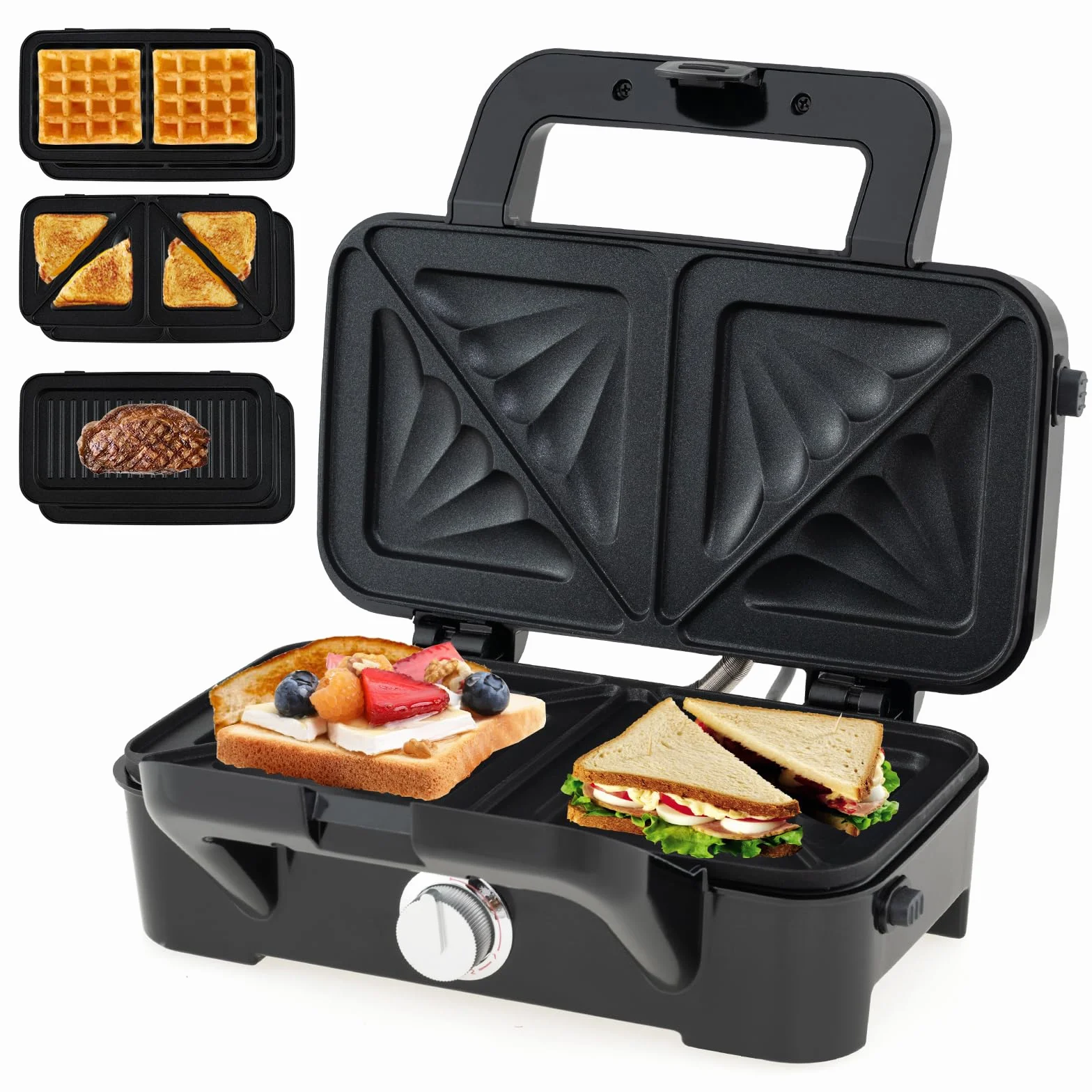 COSTWAY Elektryczny opiekacz do kanapek, 1200 W, 3 w 1, prasa do panini i opiekacz do kanapek, przenośny grill kontaktowy z 6 zdejmowanymi płytami nieprzywierającymi i 5 regulacją temperatury