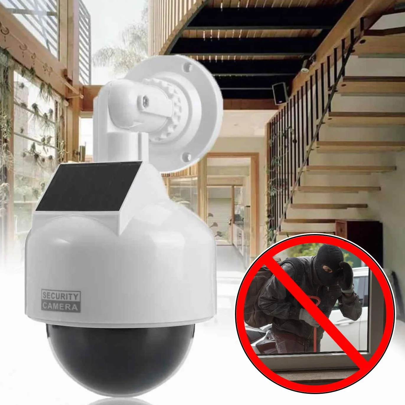 O&W Security Dummy Speed-Dome Solar atrapa kamery – z obiektywem i czerwoną migającą diodą LED (IRlook), wodoszczelna, 360° uchwyt ścienny/sufitowy, czujnik LED, do użytku wewnątrz i na zewnątrz, 2 x