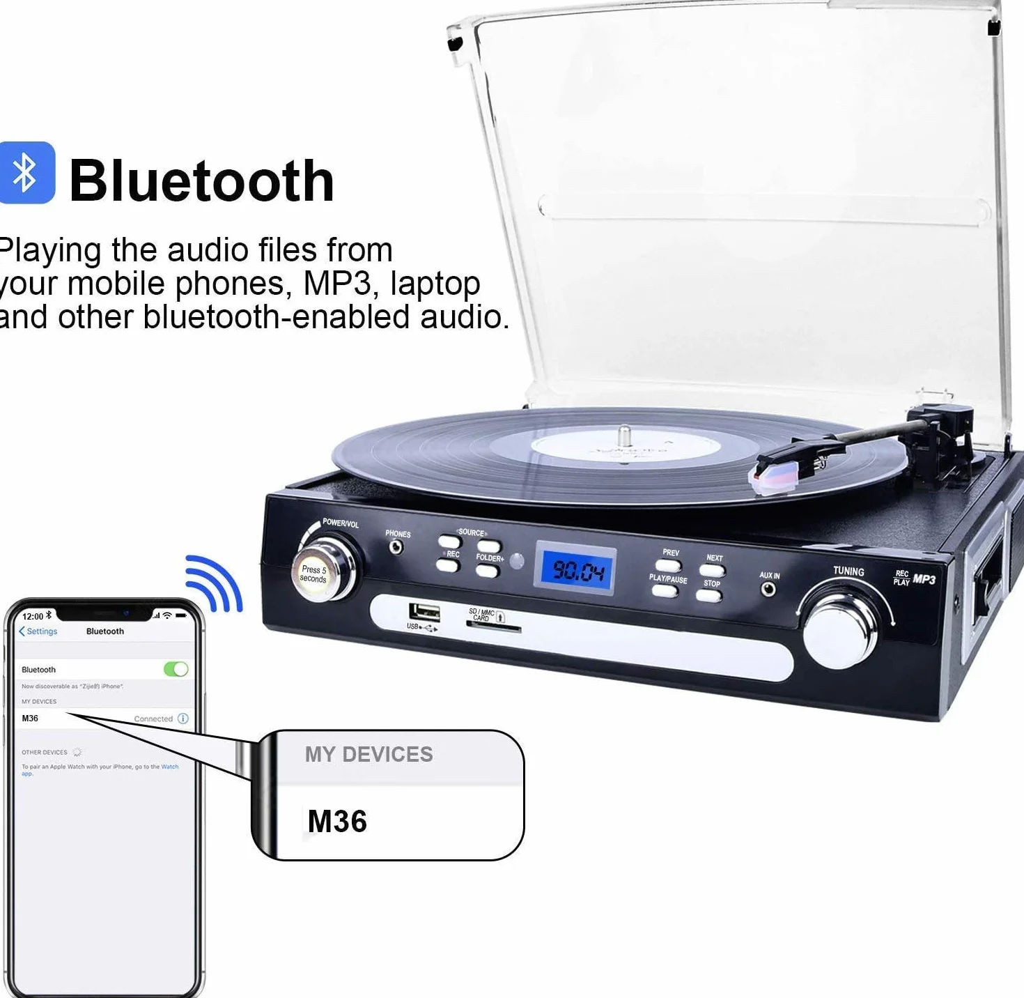 DIGITNOW! Gramofon winylowy Bluetooth, gramofon z głośnikami stereo, obsługuje kasetę, radio AM/FM, kodowanie USB z winylu do MP3