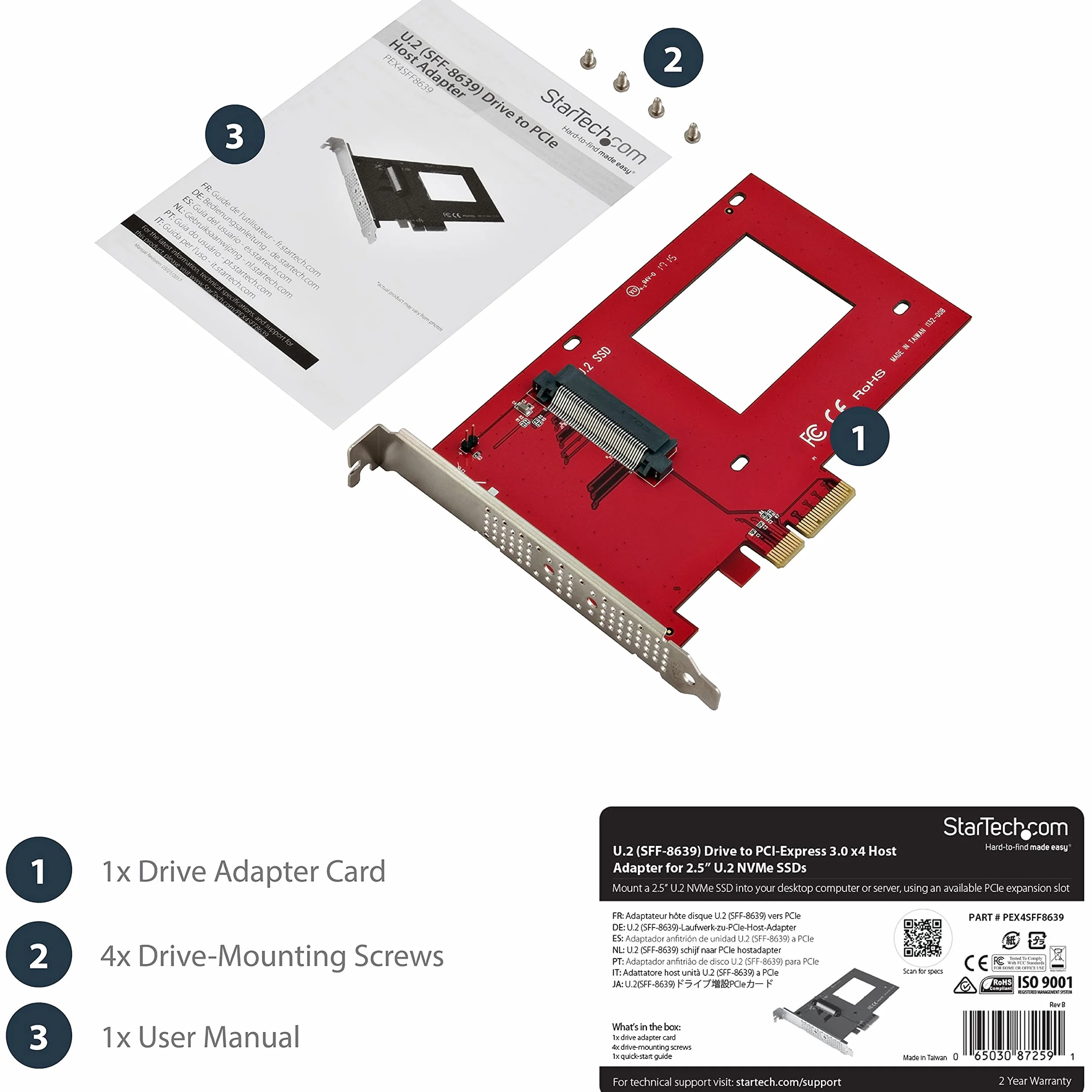 StarTech. com NVME PCIE Adapter - 2.5IN U.2 PEX4SFF8639, PCIe, U.2, Red, PEX4SFF8639