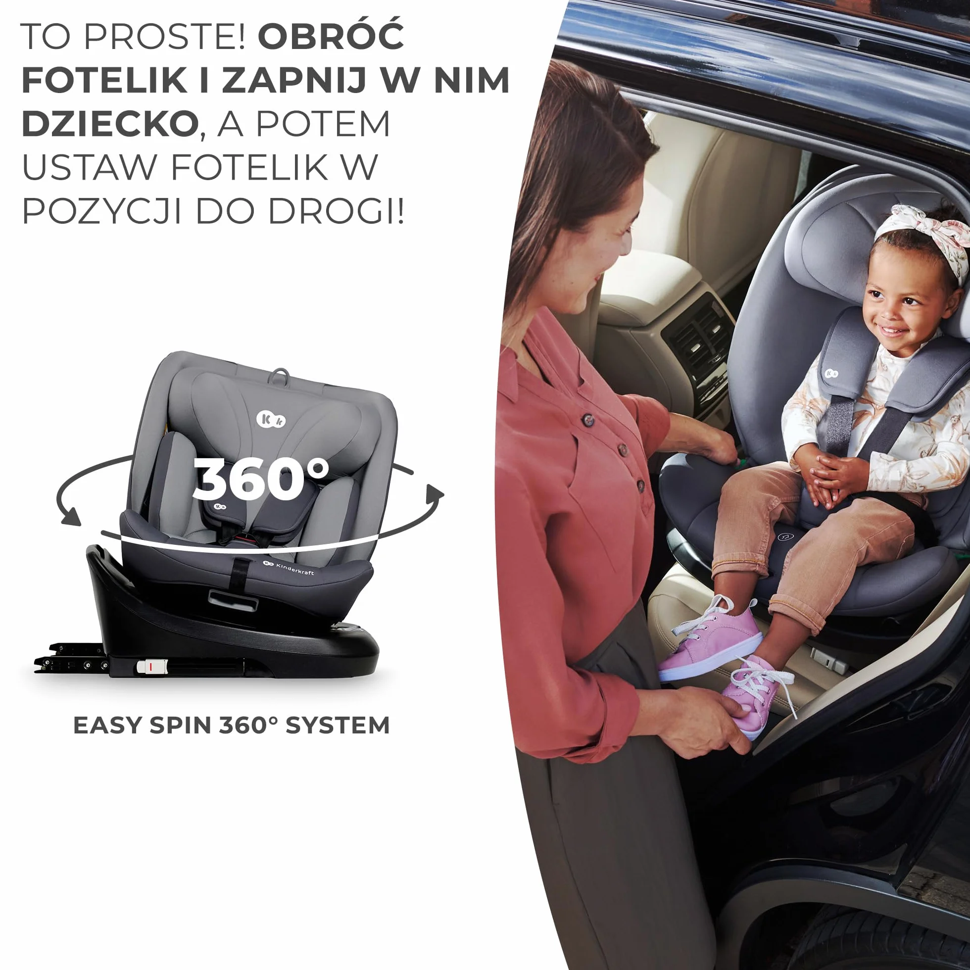 Kinderkraft I-GROW Fotelik dziecięcy i-Size, 40-150cm, Fotelik na bazie, Obracany 360 stopni, Regulowany, Isofix, Miękkie siedzisko, RWF, FWF, Grupa 0+/1/2/3 0-36 kg, do 12 lat, Szary