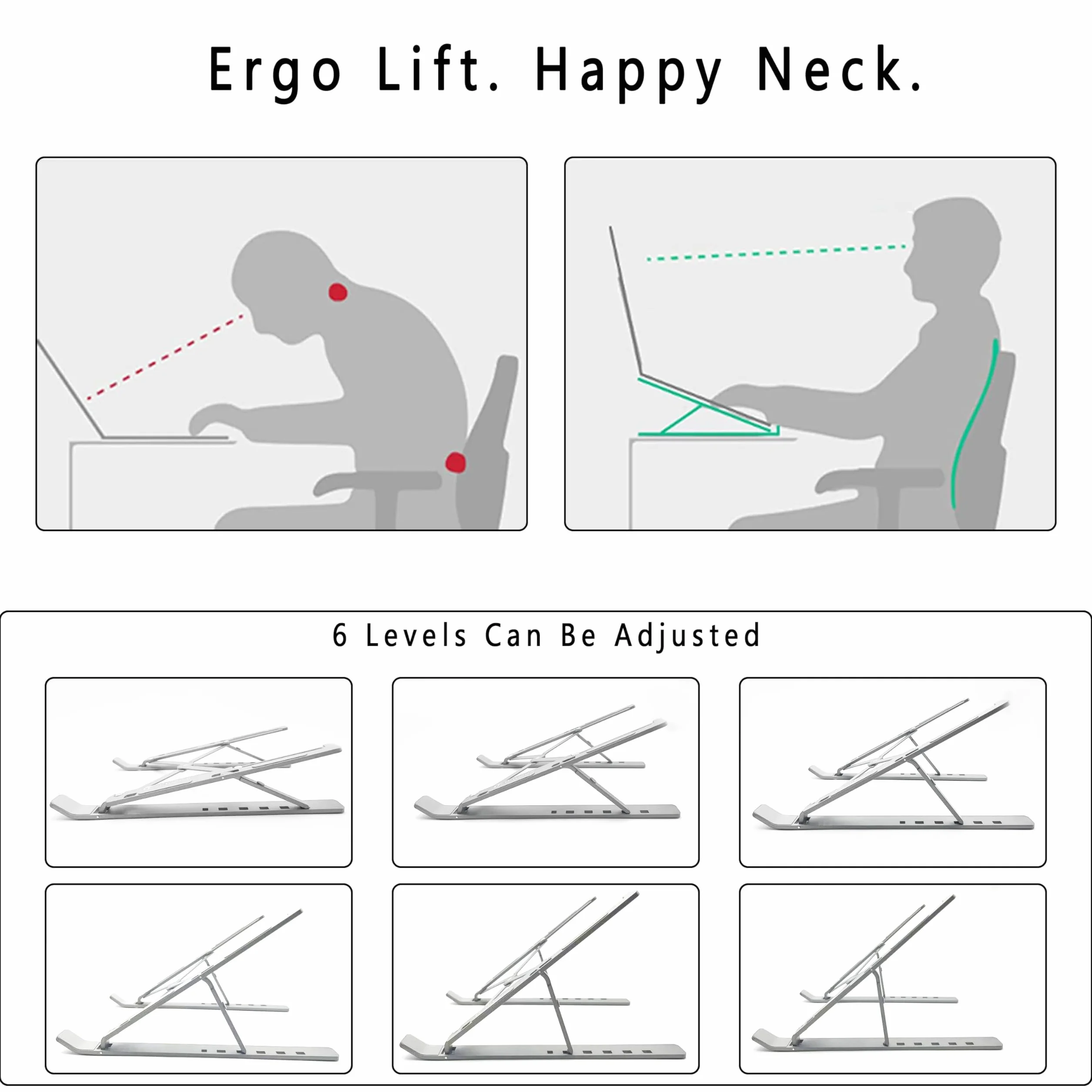 AiTodos® Stojak na Laptopa 8–16 Cali – Regulowany w 6 Pozycjach, Składany i Ergonomiczny, Antypoślizgowa, Stop Aluminium, Kompatybilny z MacBook Pro/Air, Dell, HP (Szary)