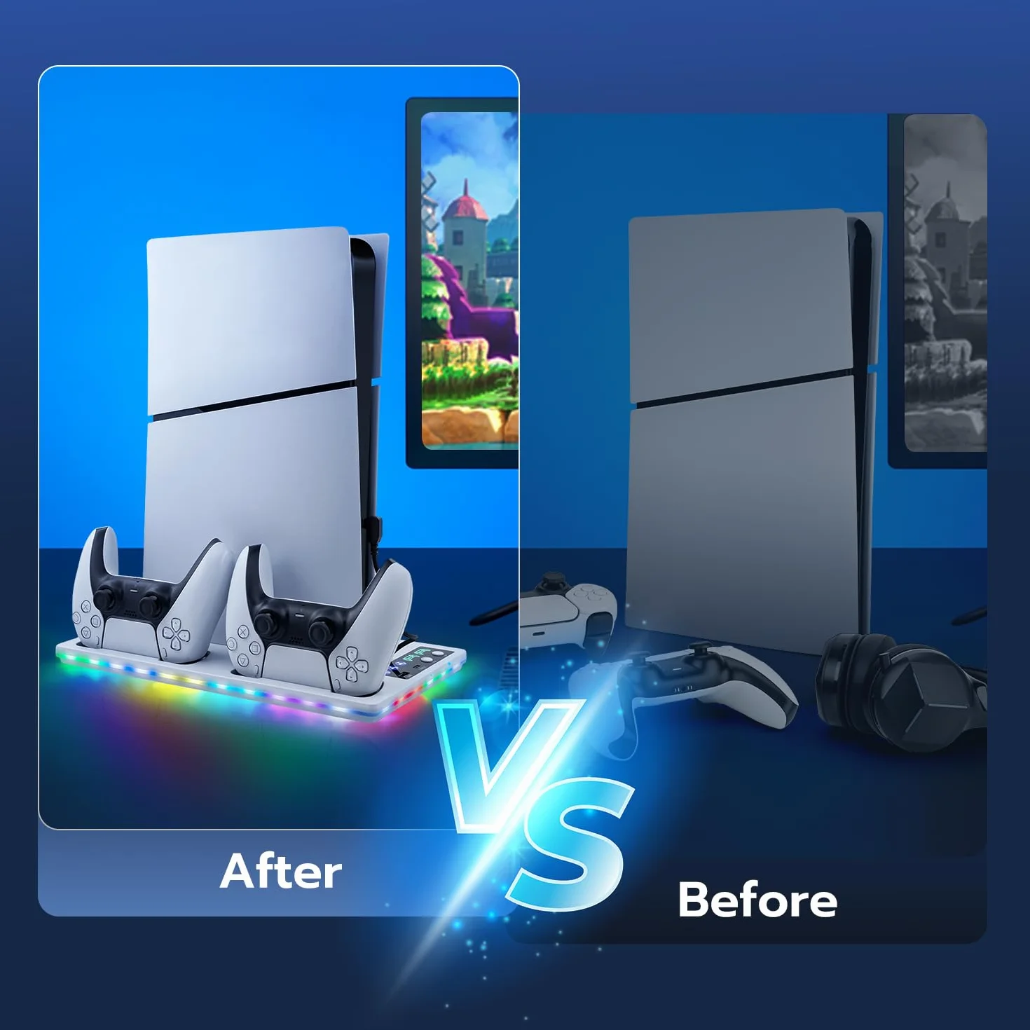 Pionowa podstawa z chłodzeniem do PS5/PS5 Slim, stacja ładująca Dual Controller z 3-stopniowym wentylatorem/światło RGB do PS5 UHD & Digital / PS5 Slim Disc & Digital