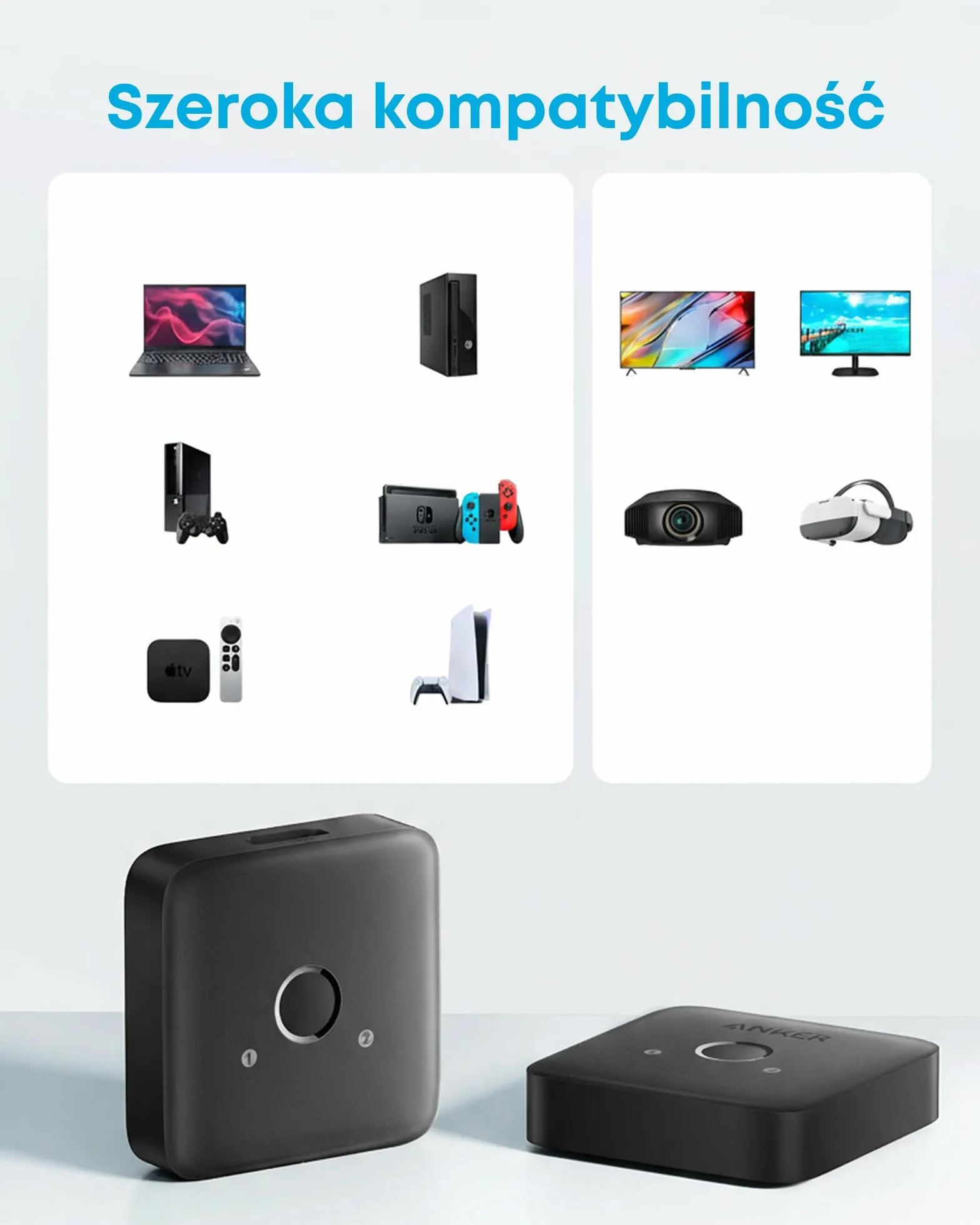 Przełącznik HDMI Anker, HDMI 4K@60Hz, 2 wejścia i 1 wyjście, gładkie wykończenie, zgodność z HDR, 3D, Dolby, kompatybilność z laptopami, komputerami PC