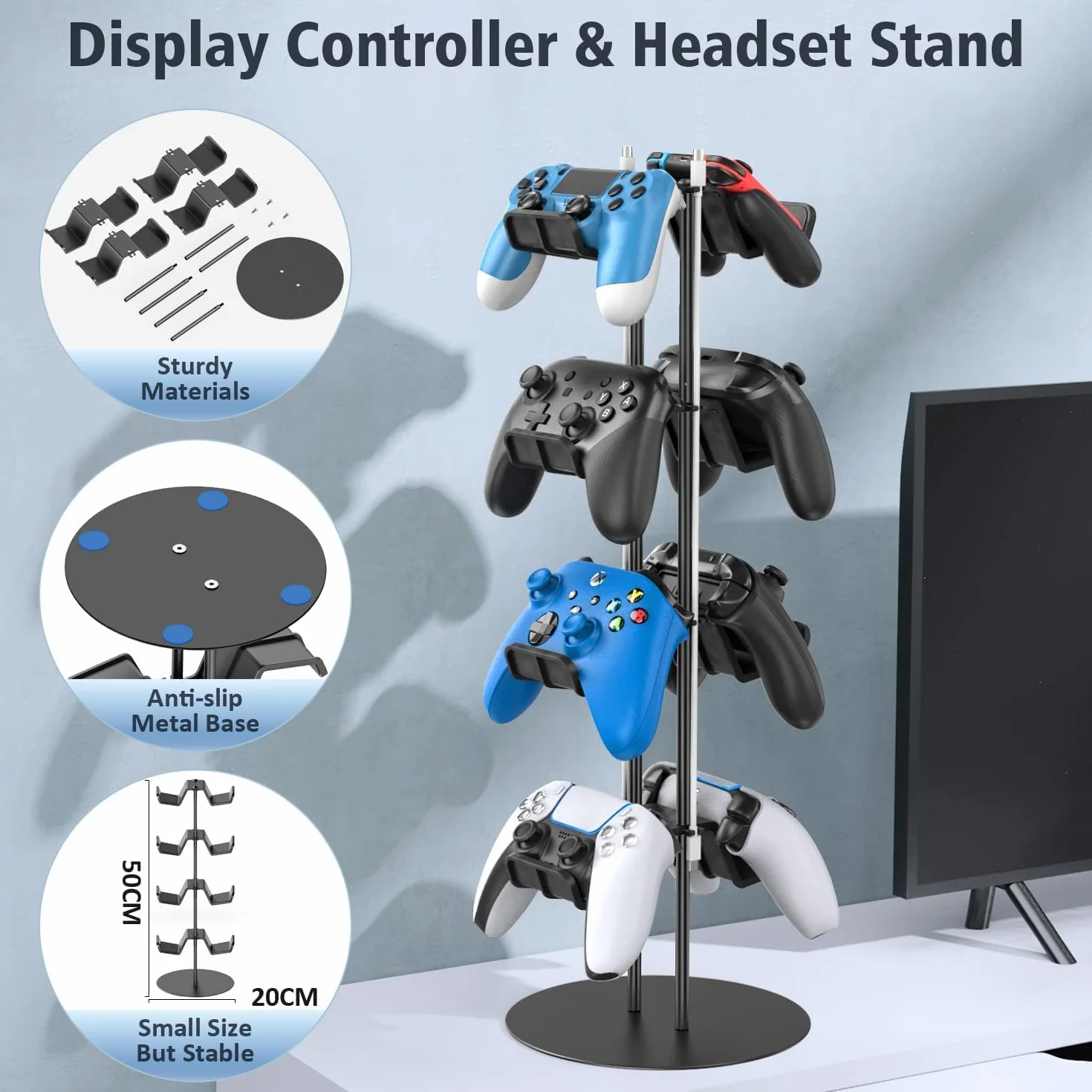 Uchwyt kontrolera Kytok 4 poziomy z uchwytem na zestaw słuchawkowy na biurko, uniwersalny stojak na kontroler kompatybilny z Xbox PS5 PS4 Nintendo Switch, stojak słuchawkowy na 8 pakietów kontrolerów