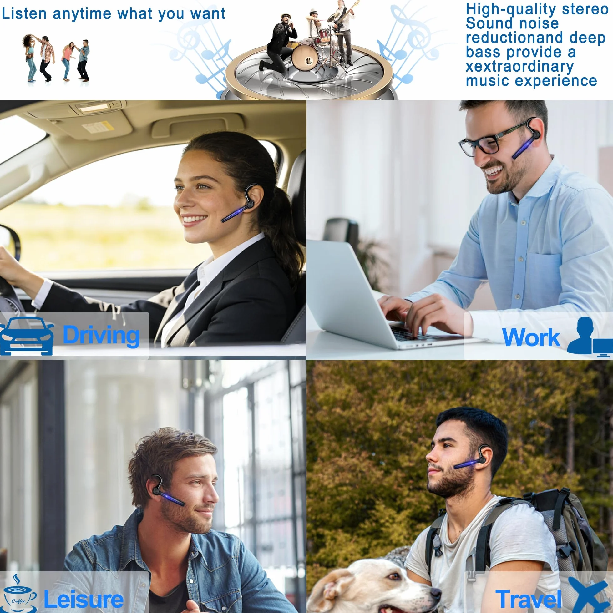 Zestaw słuchawkowy Bluetooth z mikrofonem Bluetooth 48 godzin, zestaw słuchawkowy Bluetooth bez użycia rąk, słuchawki douszne, do telefonu iPhone Samsung Android