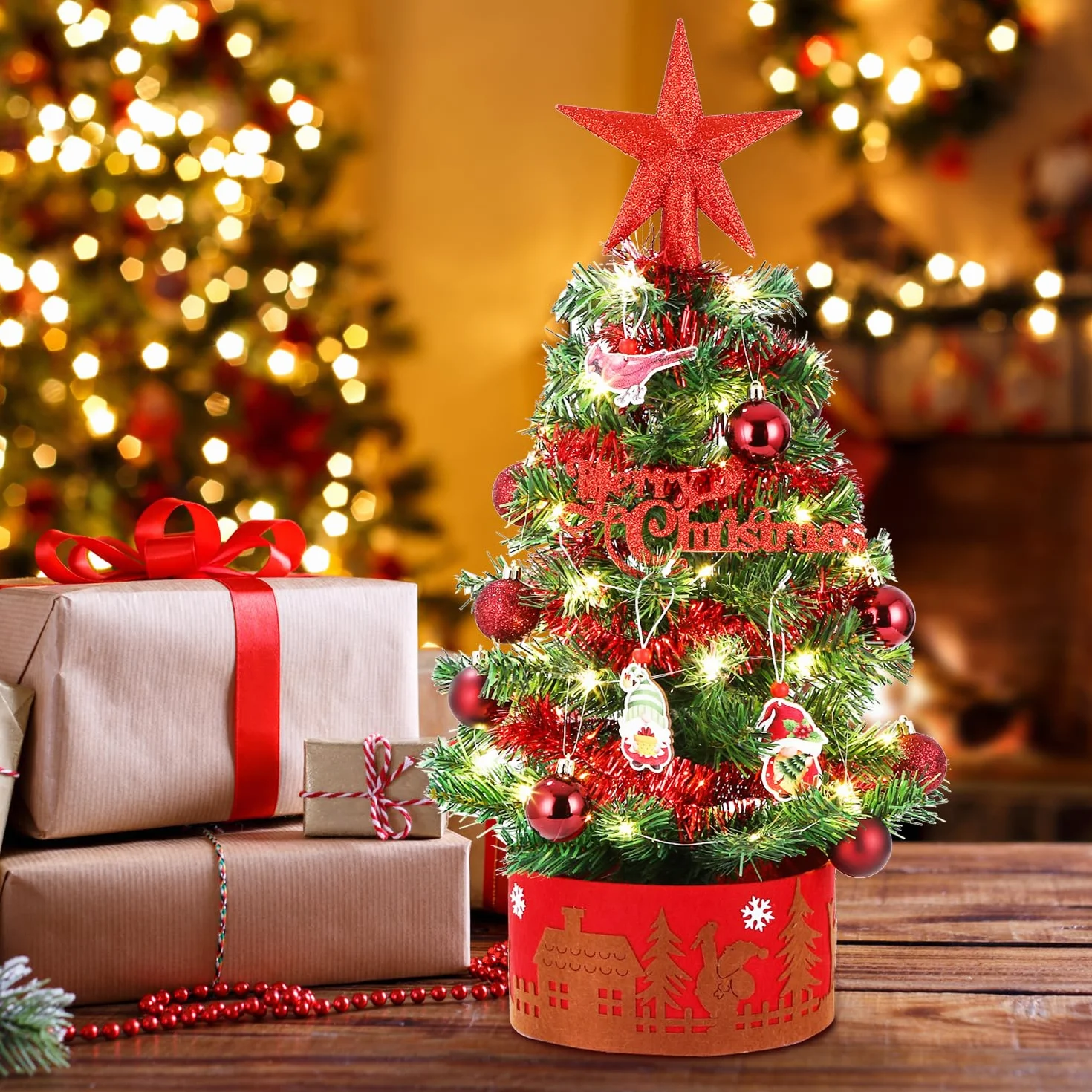 LEAZZLE mini choinka stołowa choinka 60 cm,zdobiona choinka,flokowana choinka,mała choinka,miniaturowa choinka z łańcuchem świetlnym LED,choinka stołowa,45 cm,świąteczna dekoracja stołu (czerwona)