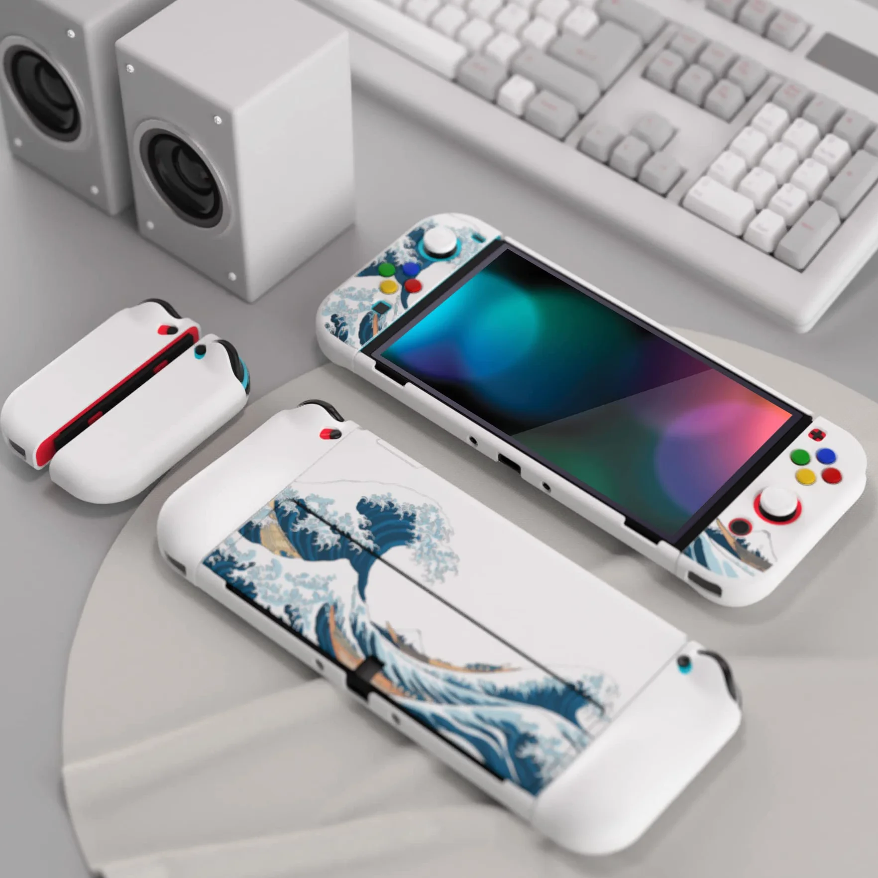 PlayVital Etui Ochronny do Nintendo Switch OLED Case Hard Shell,AlterGrips Dokowalna Futerał do Switch OLED,Protective Cover z Kciuka Caps&Caps Przycisków-Wielka Fala Kanagawie