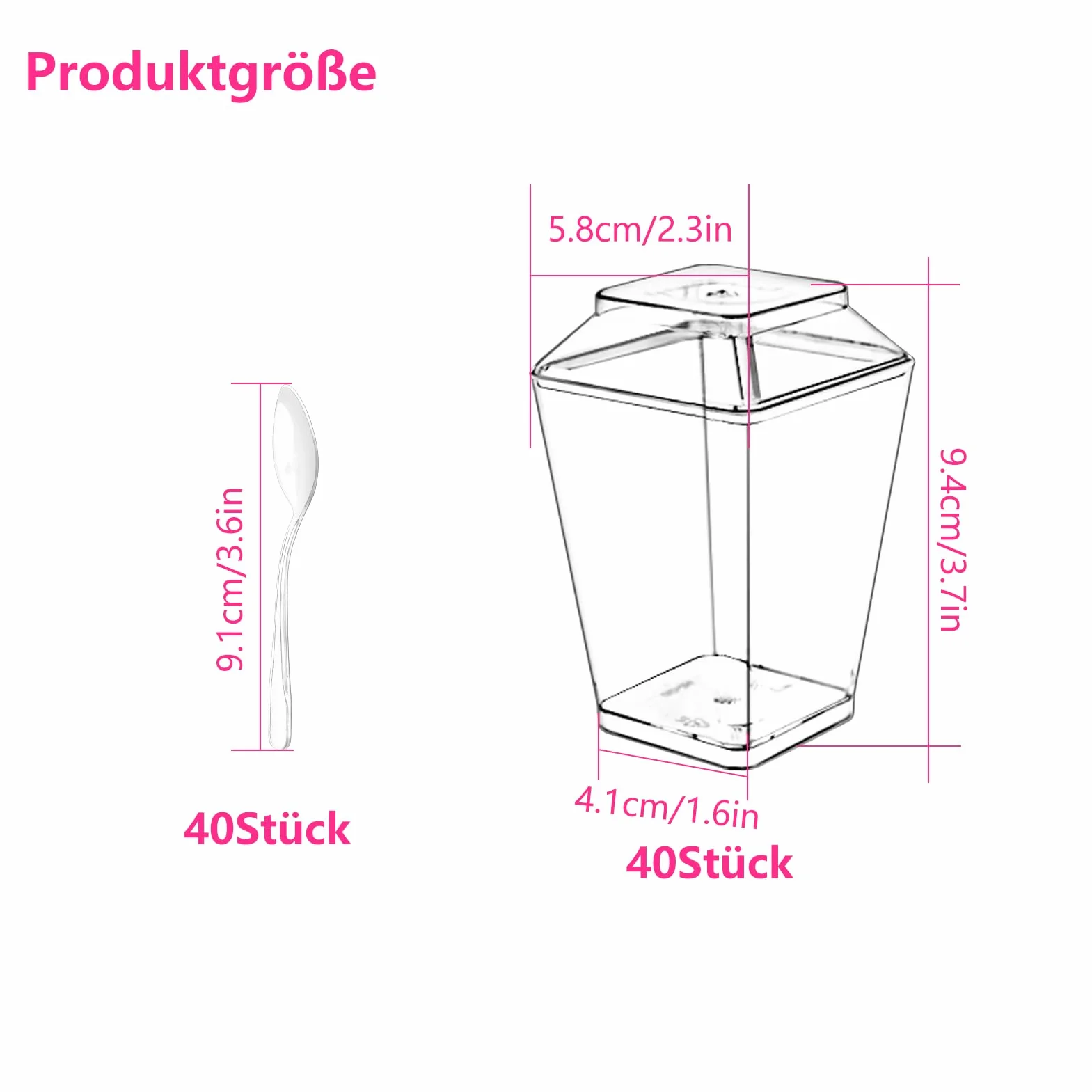 Plastikowe kubki deserowe 160 ml kwadratowe wielokrotnego użytku 40 sztuk z łyżeczkami i pokrywką