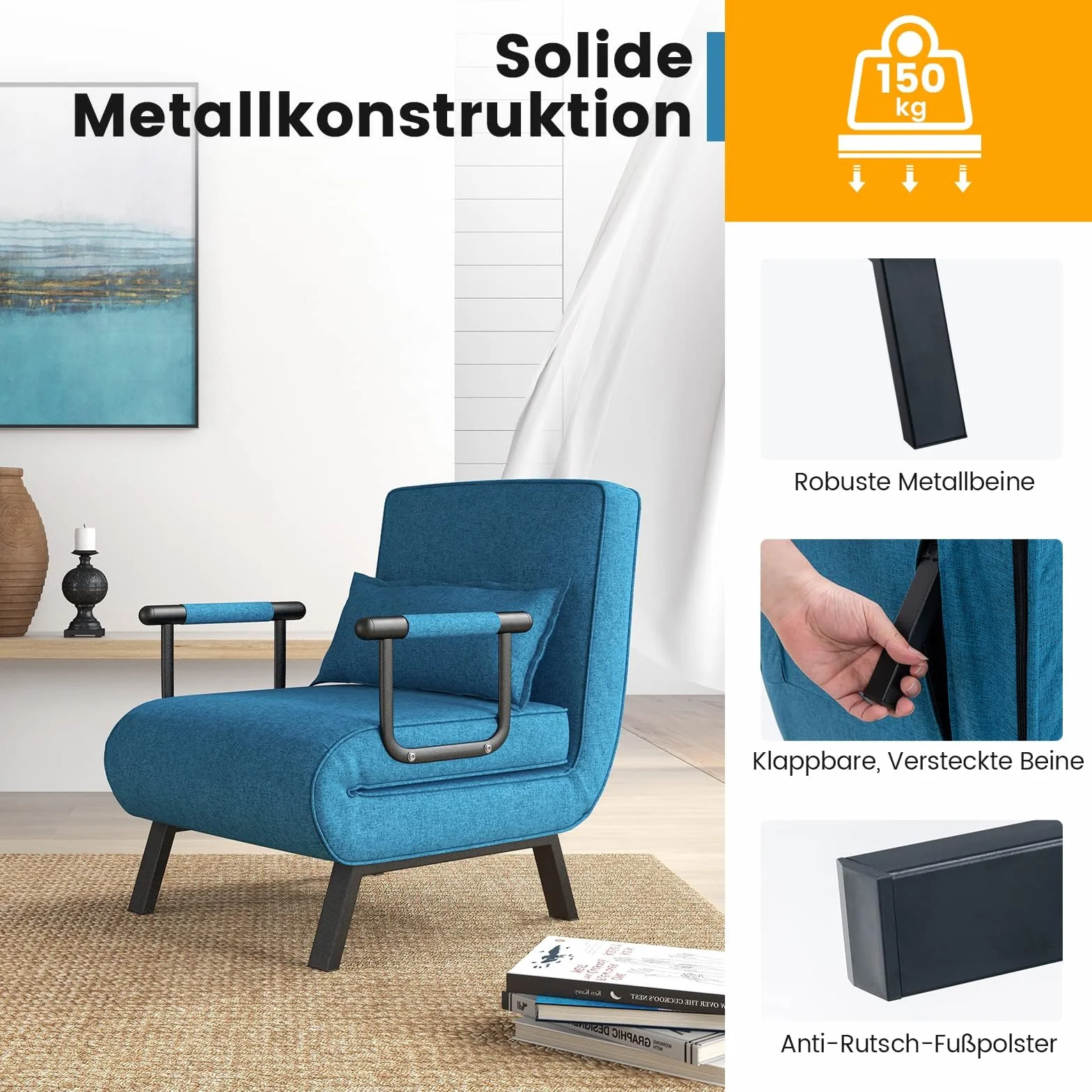 COSTWAY 4 w 1 rozkładana sofa z funkcją spania, rozkładana sofa z regulowanym oparciem i zdejmowaną poduszką, rozkładany fotel, rozkładana sofa, rozkładana sofa z metalową ramą, obciążenie do 150 kg (