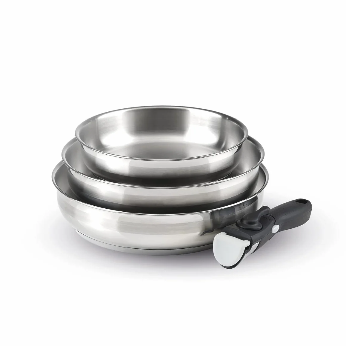 Qulinart by Brandt 4-częściowy zestaw naczyń indukcyjnych - zestaw 3 patelni ze stali nierdzewnej 20, 24 i 26 cm ze zdejmowanym uchwytem - stal nierdzewna - zestaw do każdego ognia - bez PFOA -
