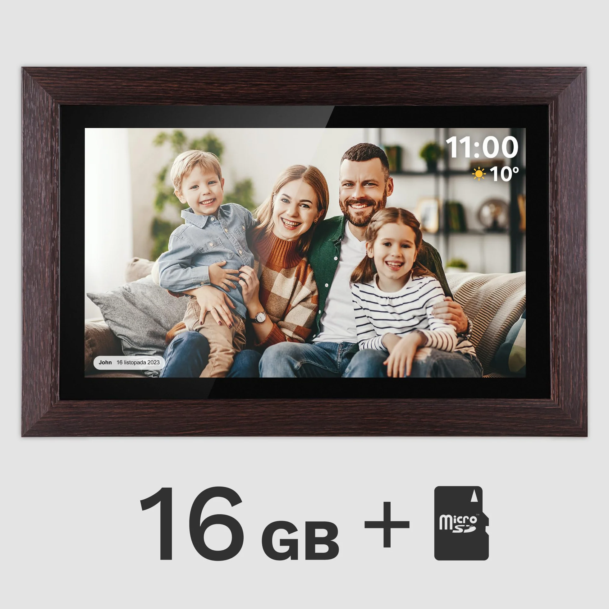 Krüger&Matz Cyfrowa Ramka na Zdjęcia FRAMEO 1920 x 1080 px 15,6" Wi-Fi MicroSD Odtwarzanie Klipów Wideo Timer Pogoda Drewniana Ramka KM1102-15
