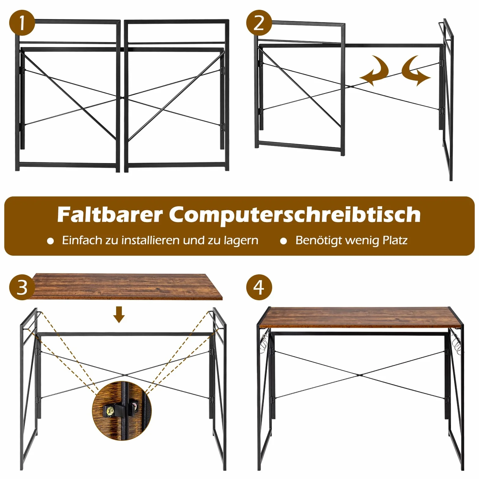 COSTWAY biurko, materiał drewnopochodny, rustykalny brąz, 100 x 50 x 75 cm (dł. x szer. x wys.)