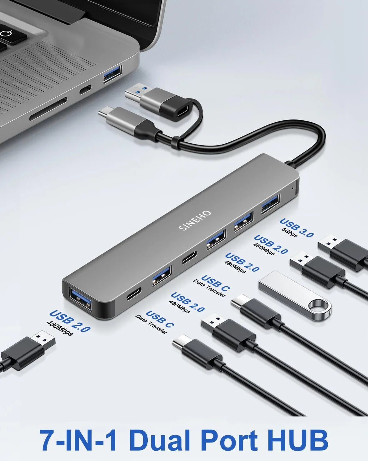 Podwójny Hub USB 7w1 (Wejście USB-C i USB-A), Adapter USB C z USB 3.0, 4xUSB 2.0, Podwójne Porty Danych USB-C dla Laptopów, PC