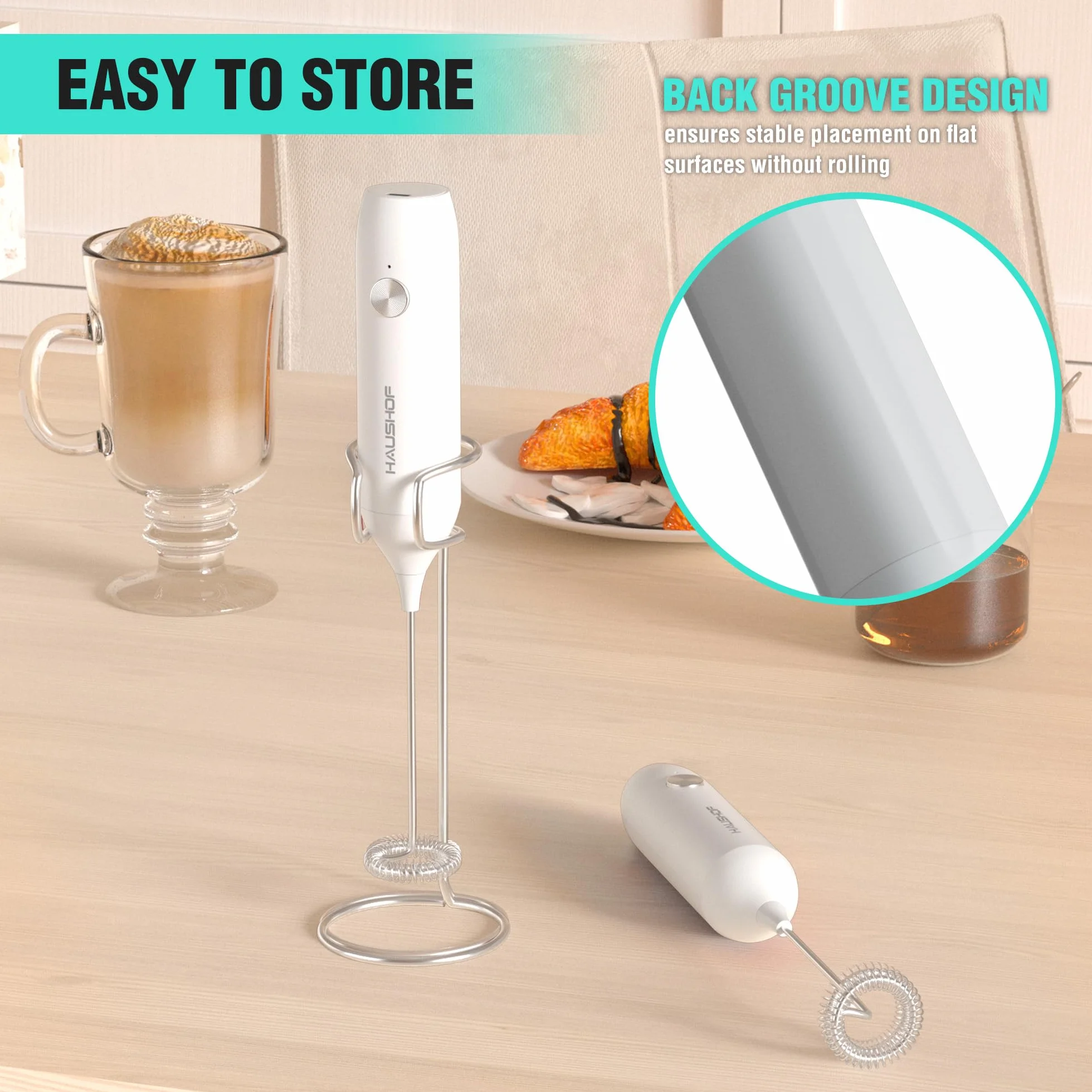 HAUSHOF Elektryczny spieniacz do mleka, przenośny spieniacz do mleka z uchwytem do ładowania przez USB, do kawy, latte, cappuccino, matcha, biały