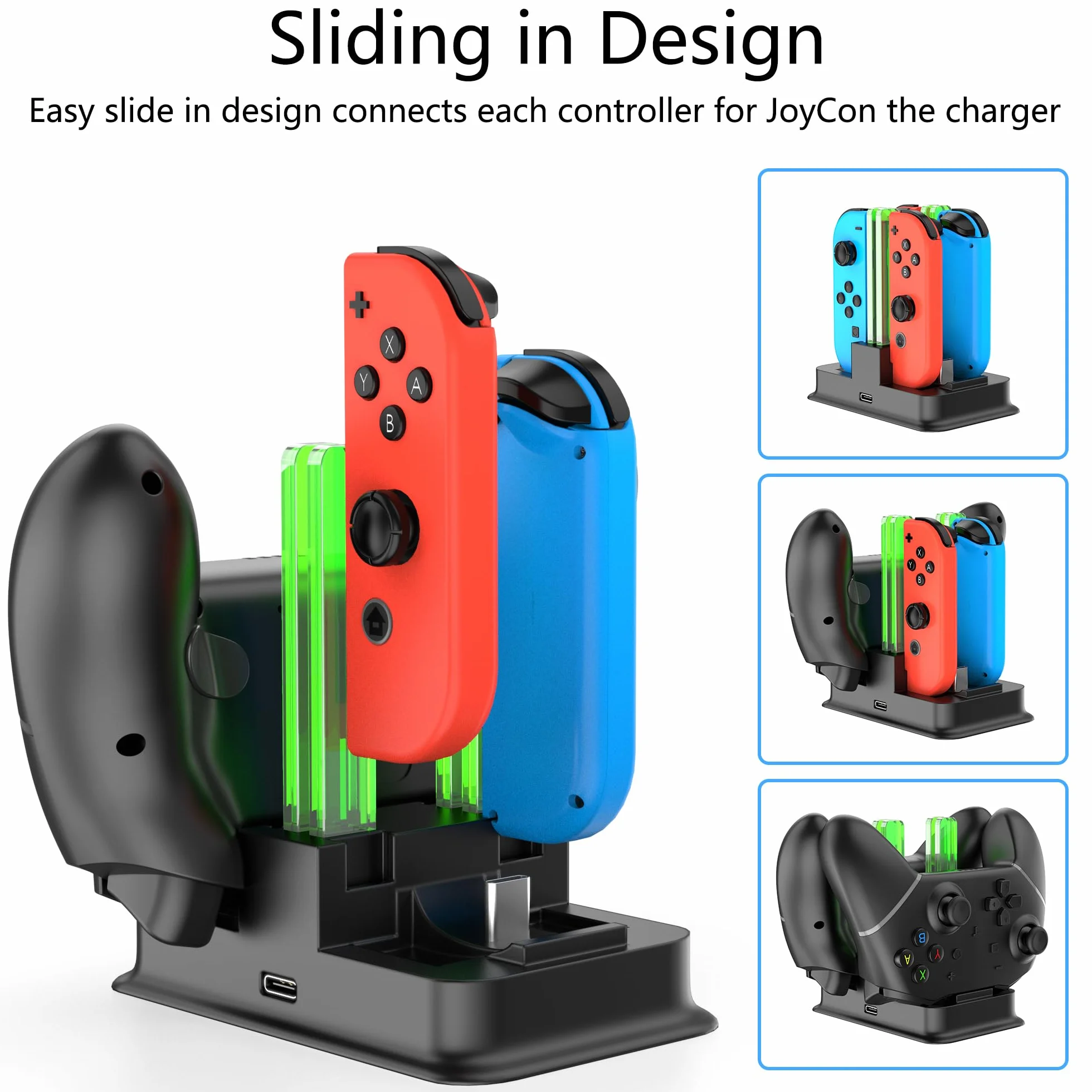 RREAKA Charging Dock for Nintendo Switch Joy Con Charger with LED Light Bar, Switch OLED Joycon Charging Stand - Black